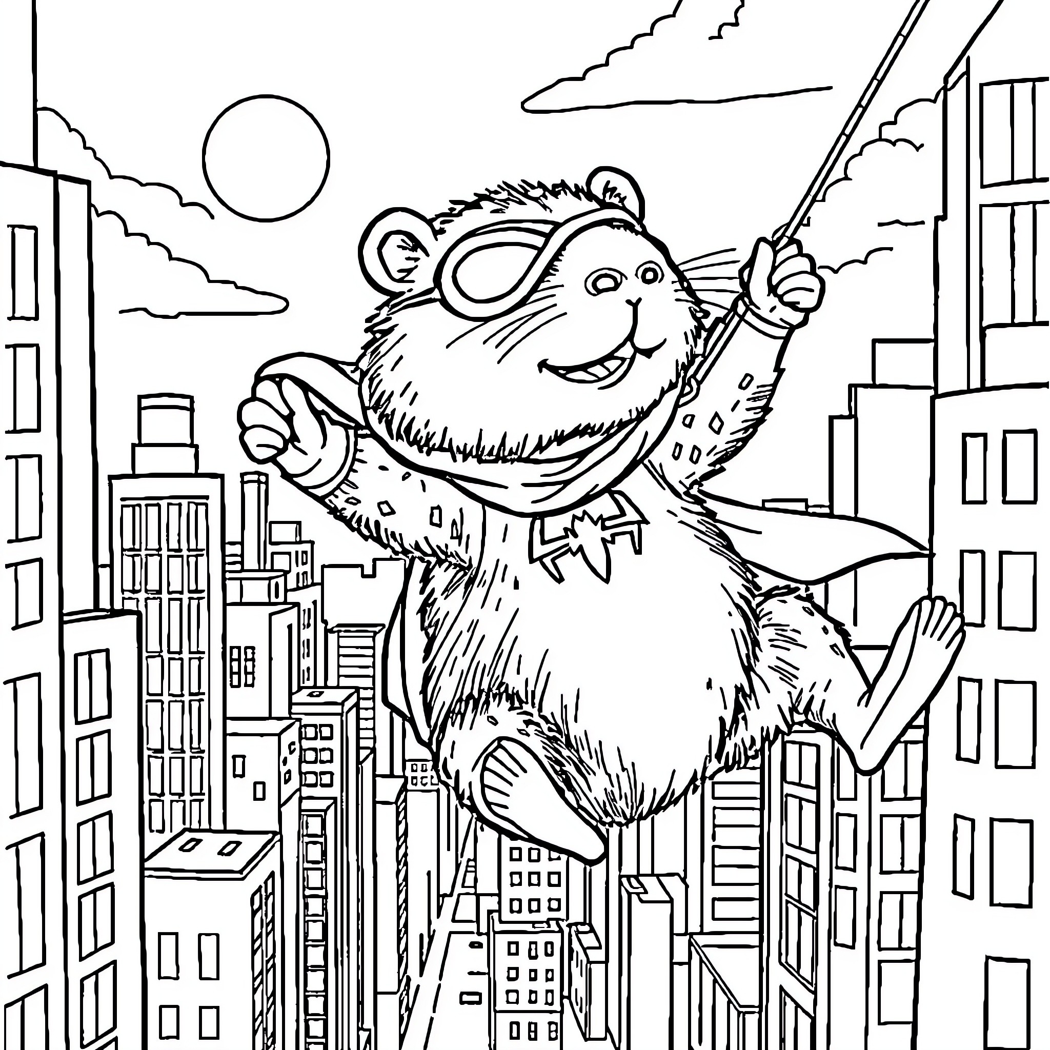 Capibara exploring the city skyline Coloring Page (free black-and-white line drawing printable PDF for all, from beginners to advanced learners, including children, teens, adults, and seniors)