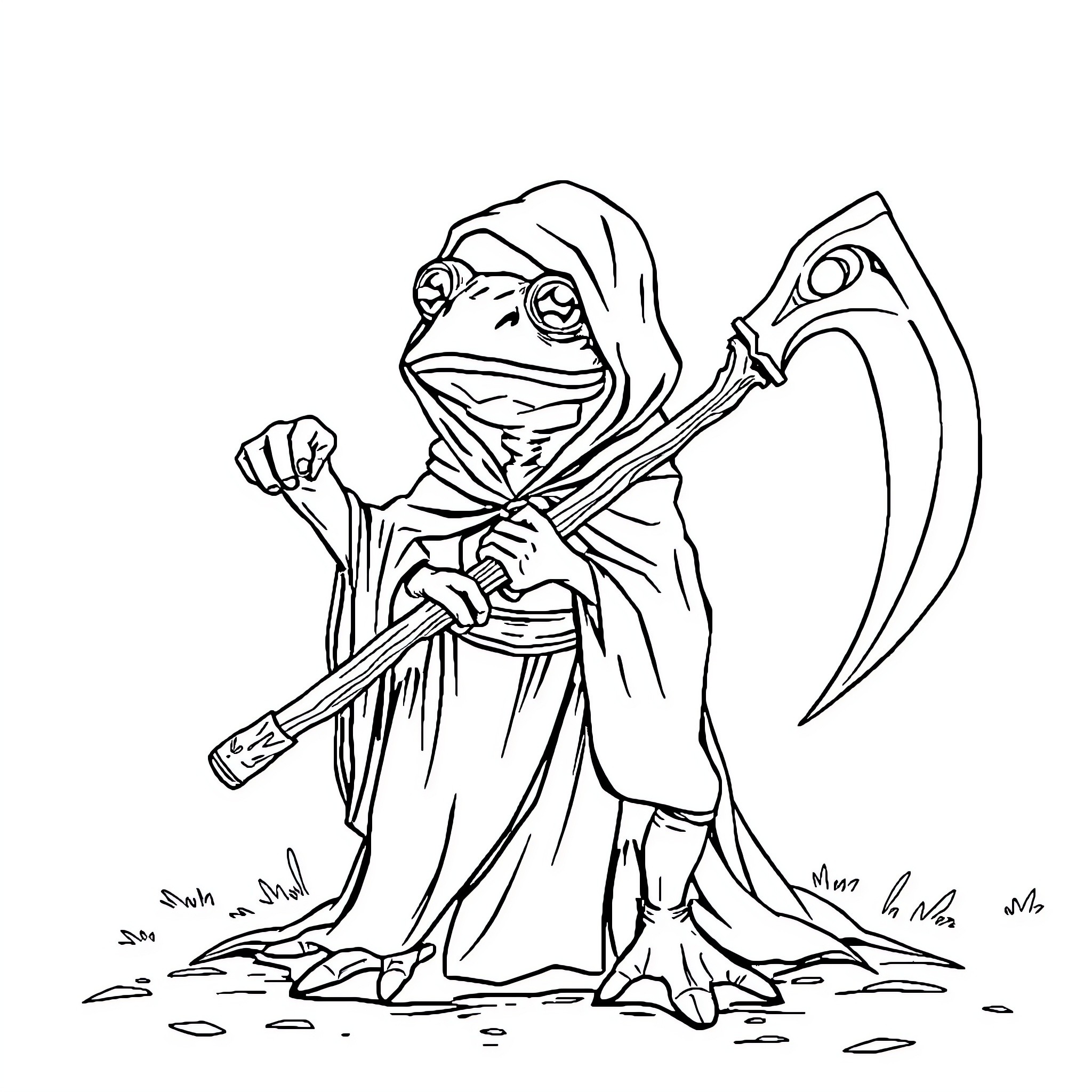 Frog Grim Reaper Wielding Scythe Coloring Page (free black-and-white line drawing printable PDF for all, from beginners to advanced learners, including children, teens, adults, and seniors)