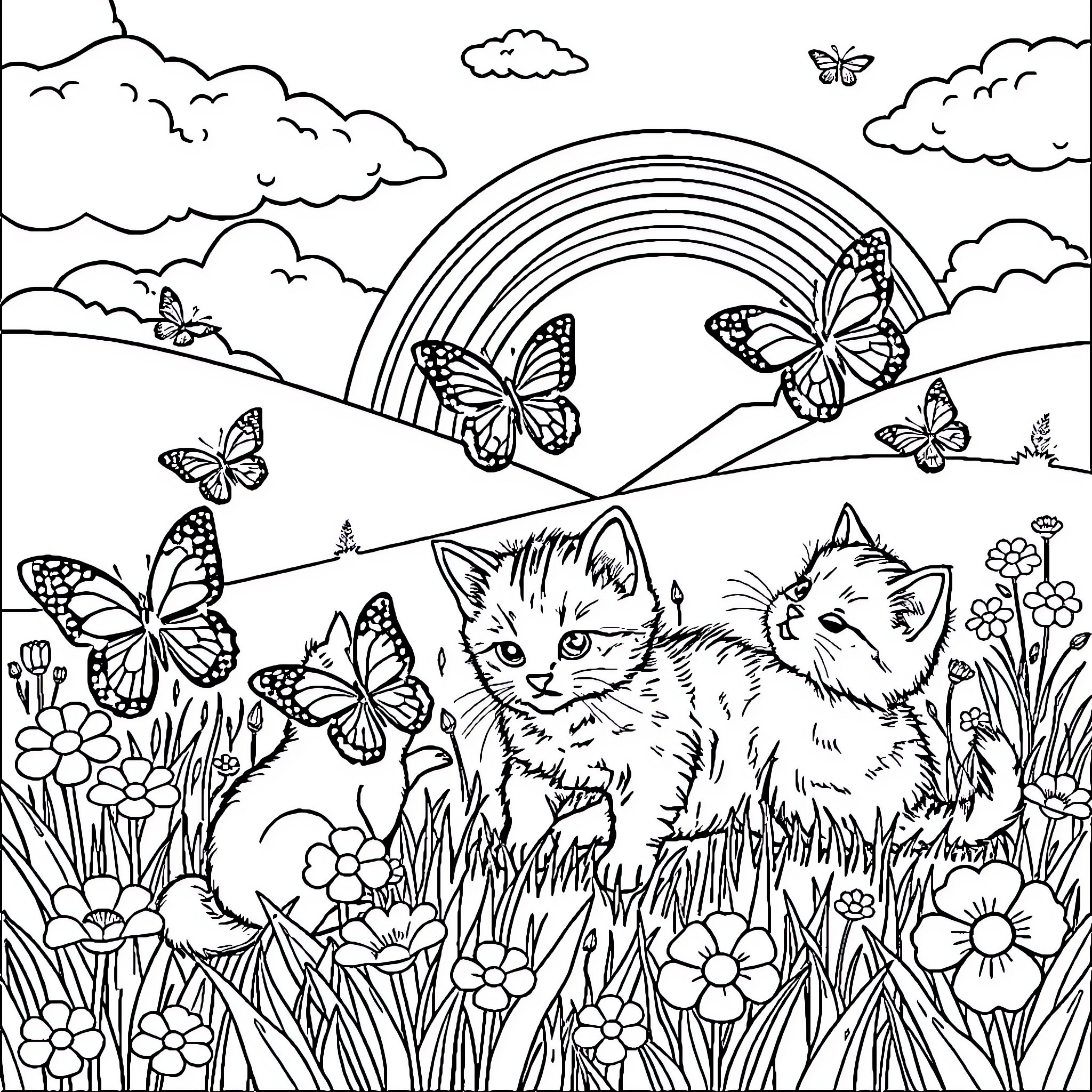 Butterfly Kittens and Butterflies in a Whimsical Landscape Coloring Page (free black-and-white line drawing printable PDF for all, from beginners to advanced learners, including children, teens, adults, and seniors)
