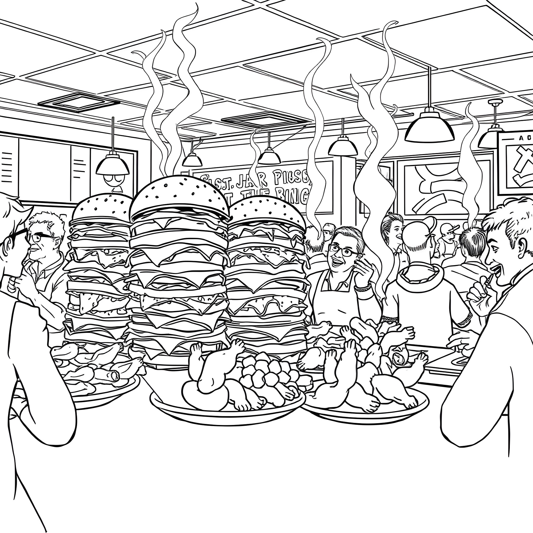 Burger Lovers Enjoying Delightful Feast in Diner Coloring Page (free black-and-white line drawing printable PDF for all, from beginners to advanced learners, including children, teens, adults, and seniors)