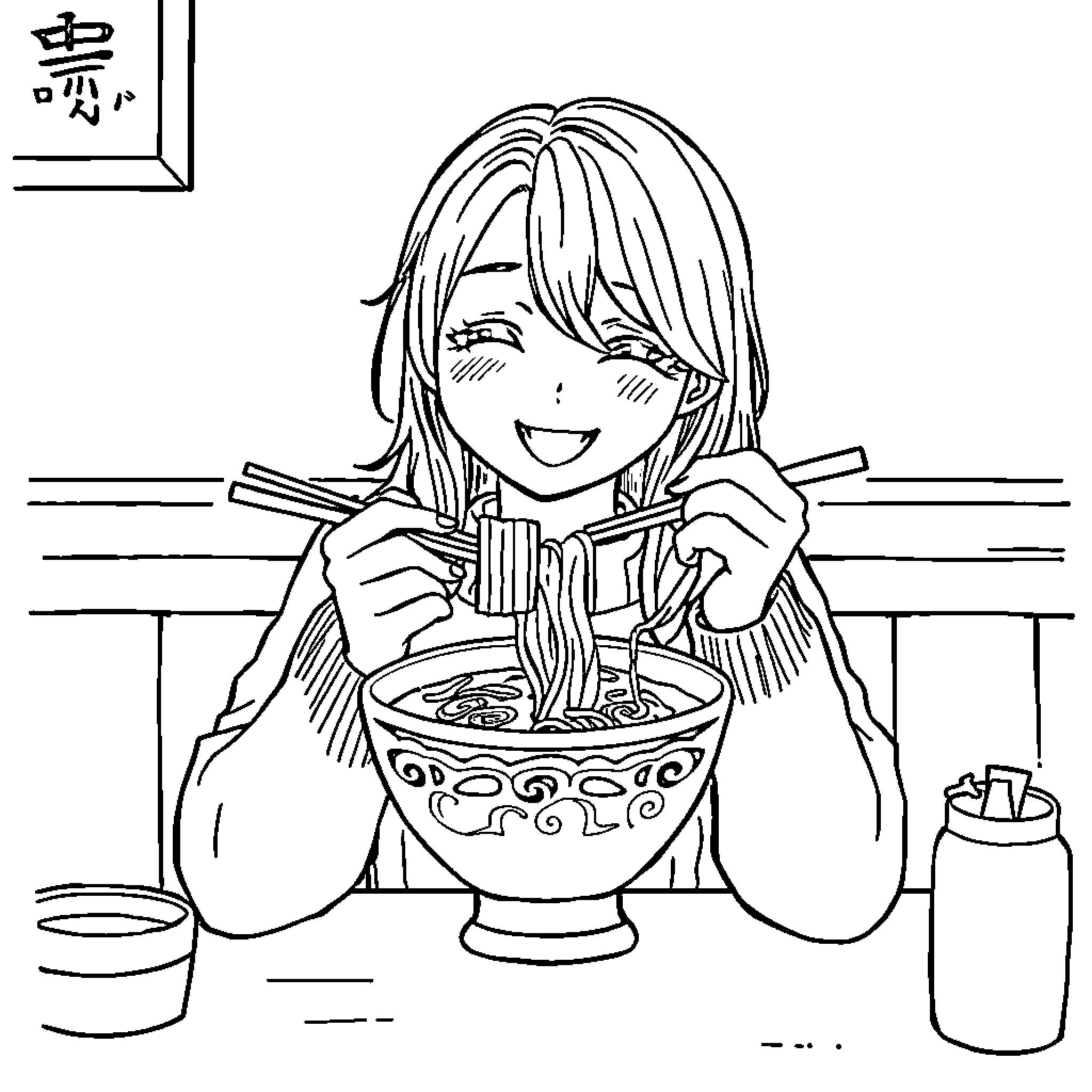 Mira enjoying a delicious meal Coloring Page (free black-and-white line drawing printable PDF for all, from beginners to advanced learners, including children, teens, adults, and seniors)