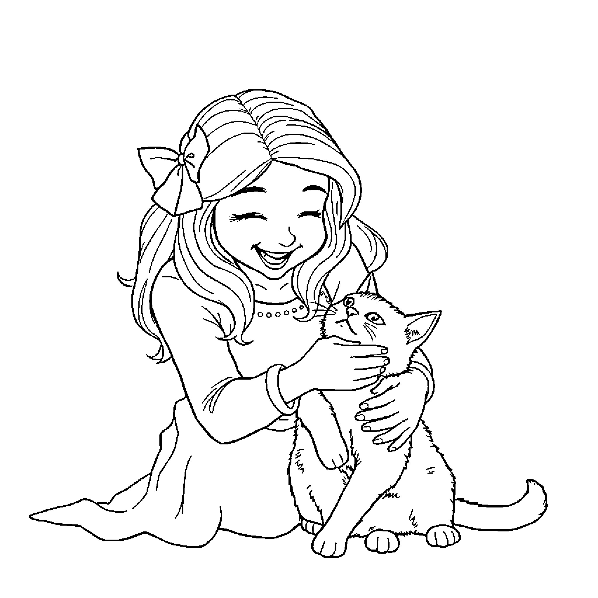 Ancilla Tilia's Joyful Embrace with Feline Companion Coloring Page (free black-and-white line drawing printable PDF for all, from beginners to advanced learners, including children, teens, adults, and seniors)