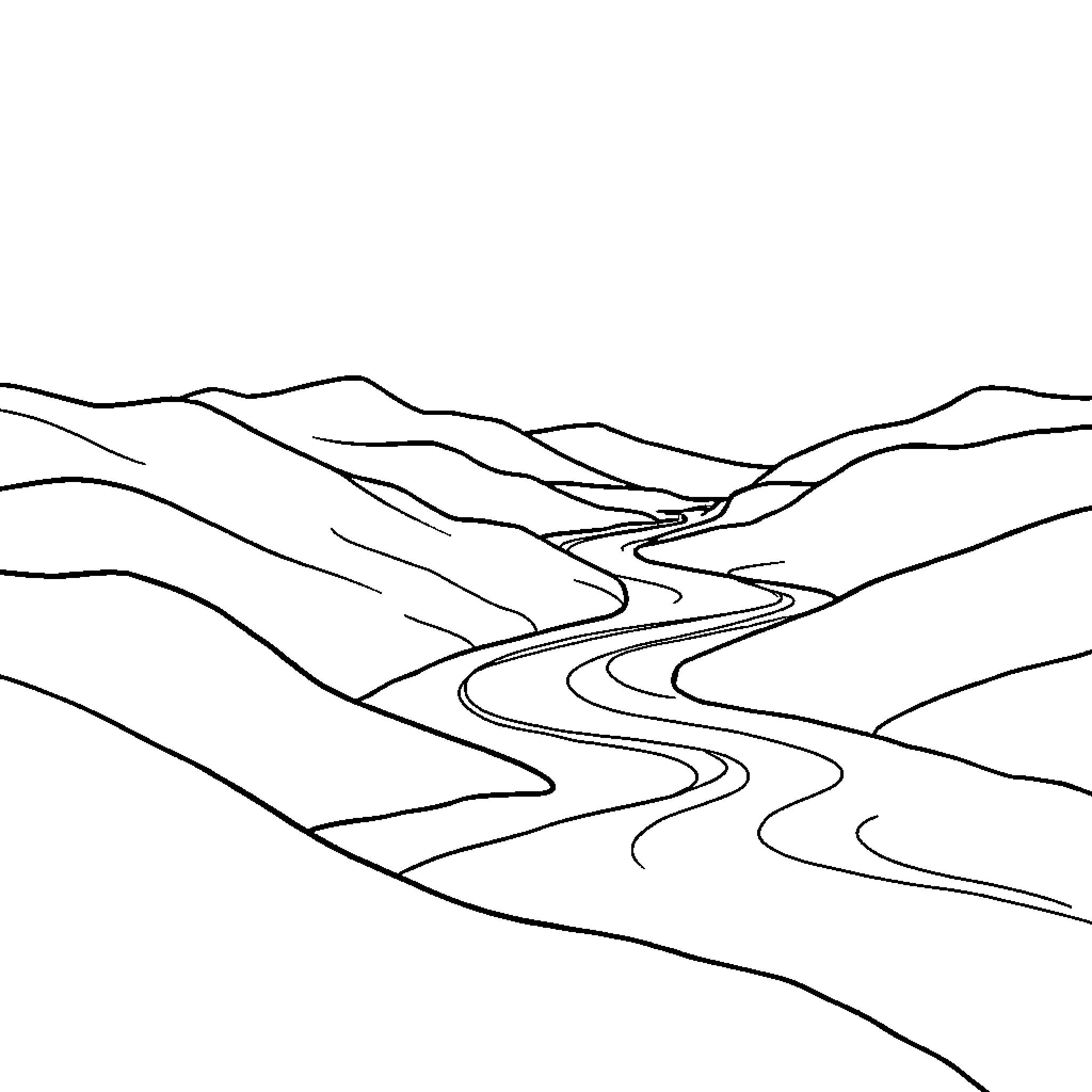 Landscape with winding mountain road Coloring Page (free black-and-white line drawing printable PDF for all, from beginners to advanced learners, including children, teens, adults, and seniors)