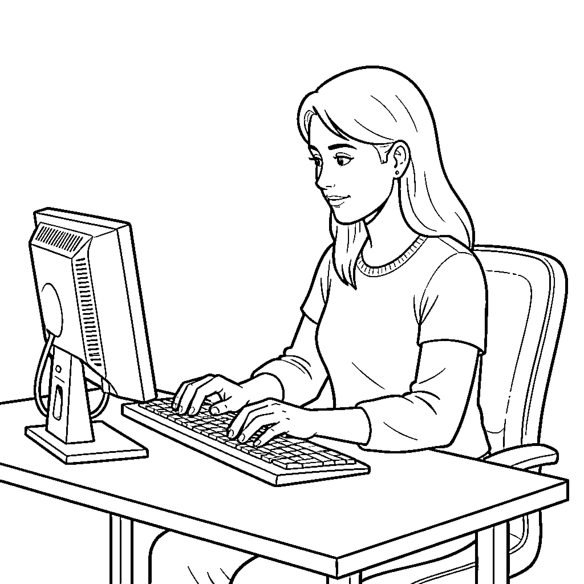 Lady working diligently at a computer desk Coloring Page (free black-and-white line drawing printable PDF for all, from beginners to advanced learners, including children, teens, adults, and seniors)