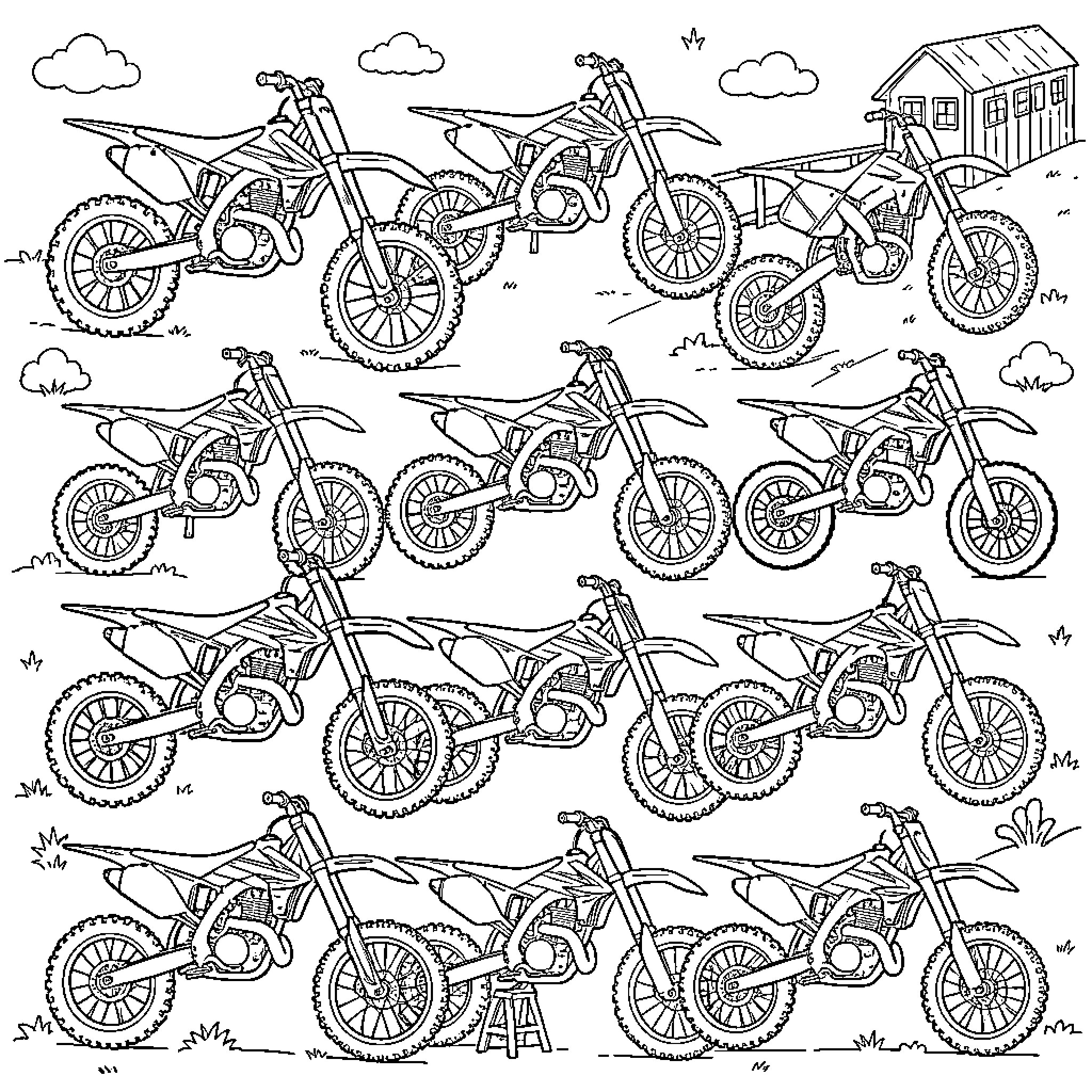 Motocross dirt bikes parked in an outdoor field Coloring Page (free black-and-white line drawing printable PDF for all, from beginners to advanced learners, including children, teens, adults, and seniors)