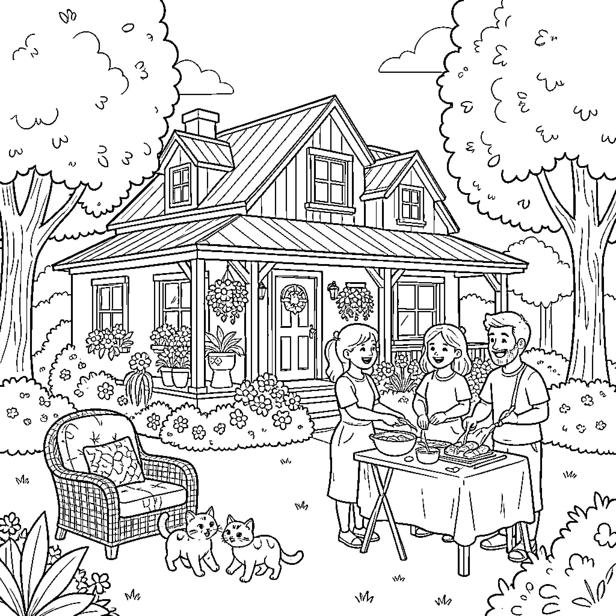 Casa Family Gathering in the Backyard Coloring Page (free black-and-white line drawing printable PDF for all, from beginners to advanced learners, including children, teens, adults, and seniors)