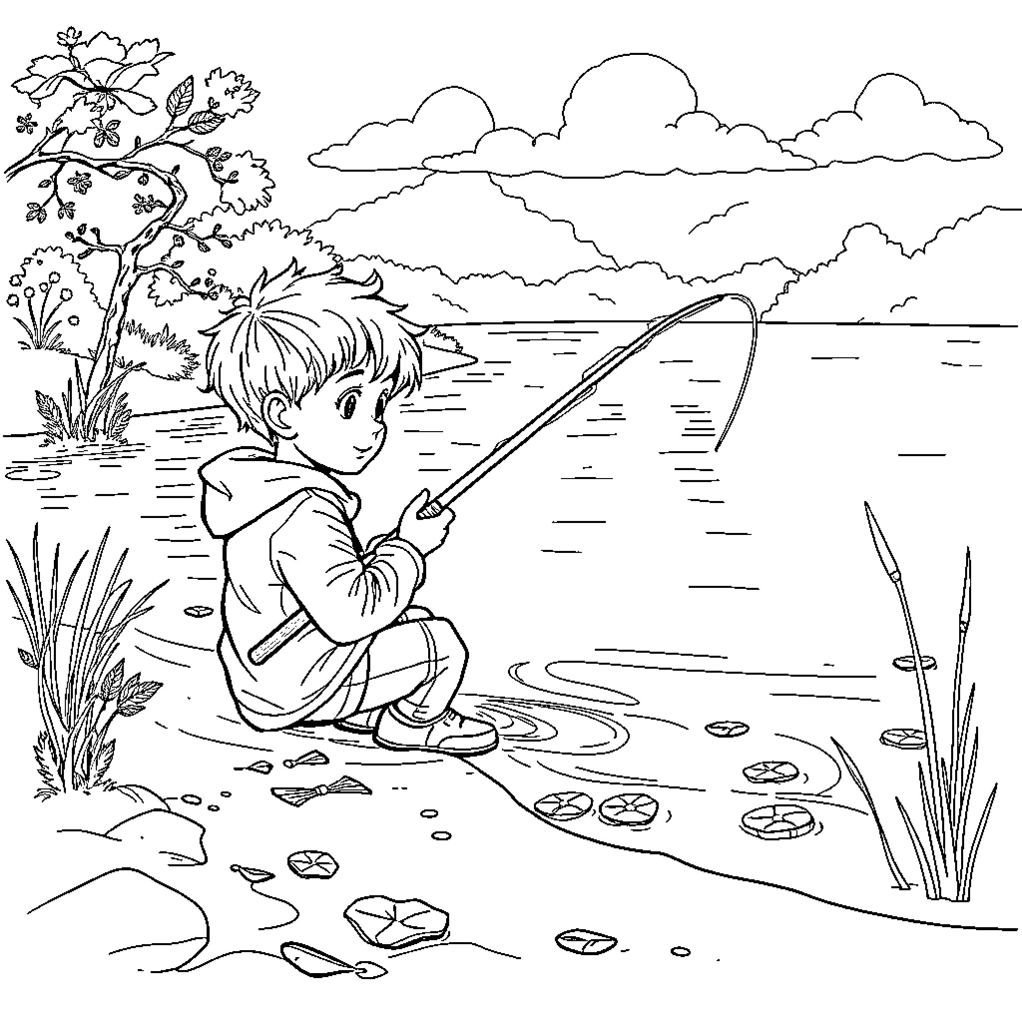 Boy Fishing by the Lake in Nature Coloring Page (free black-and-white line drawing printable PDF for all, from beginners to advanced learners, including children, teens, adults, and seniors)
