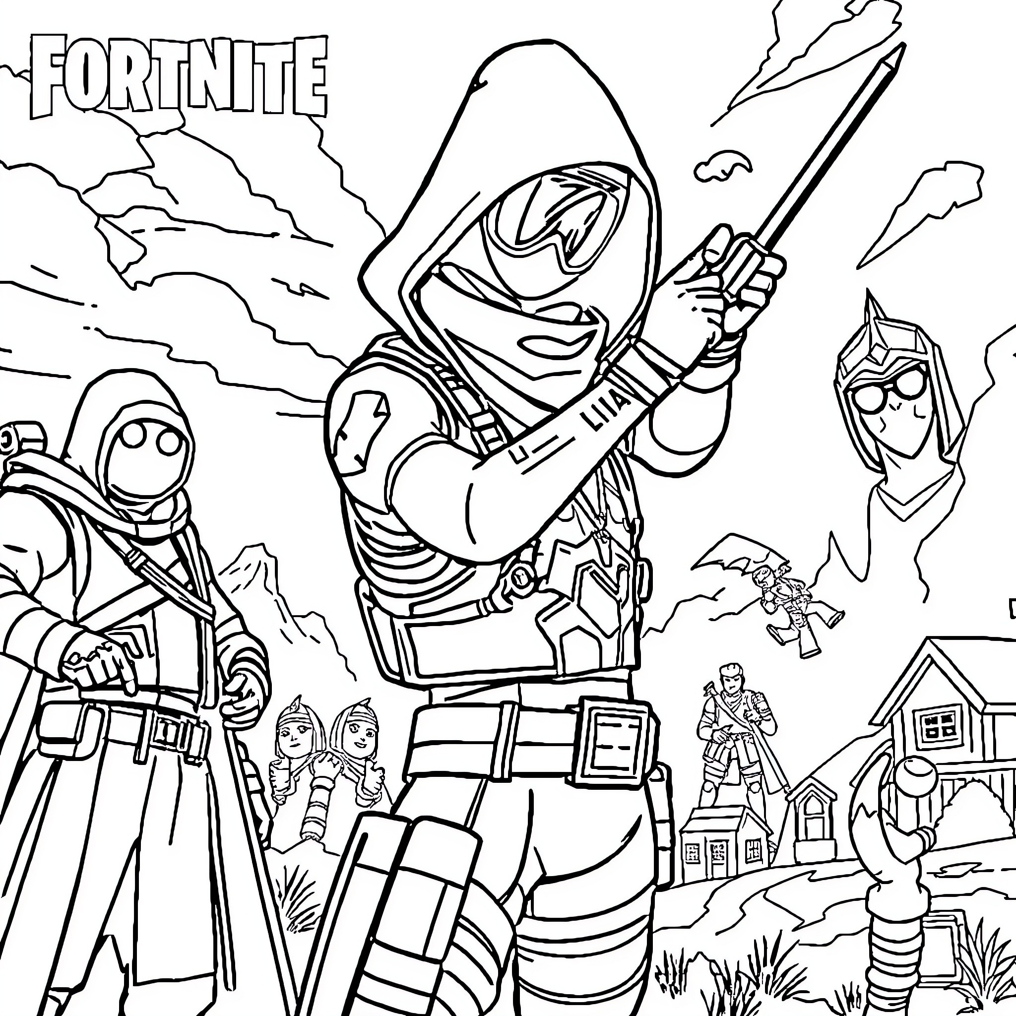 Fortnite characters in action-packed combat scene Coloring Page (free black-and-white line drawing printable PDF for all, from beginners to advanced learners, including children, teens, adults, and seniors)