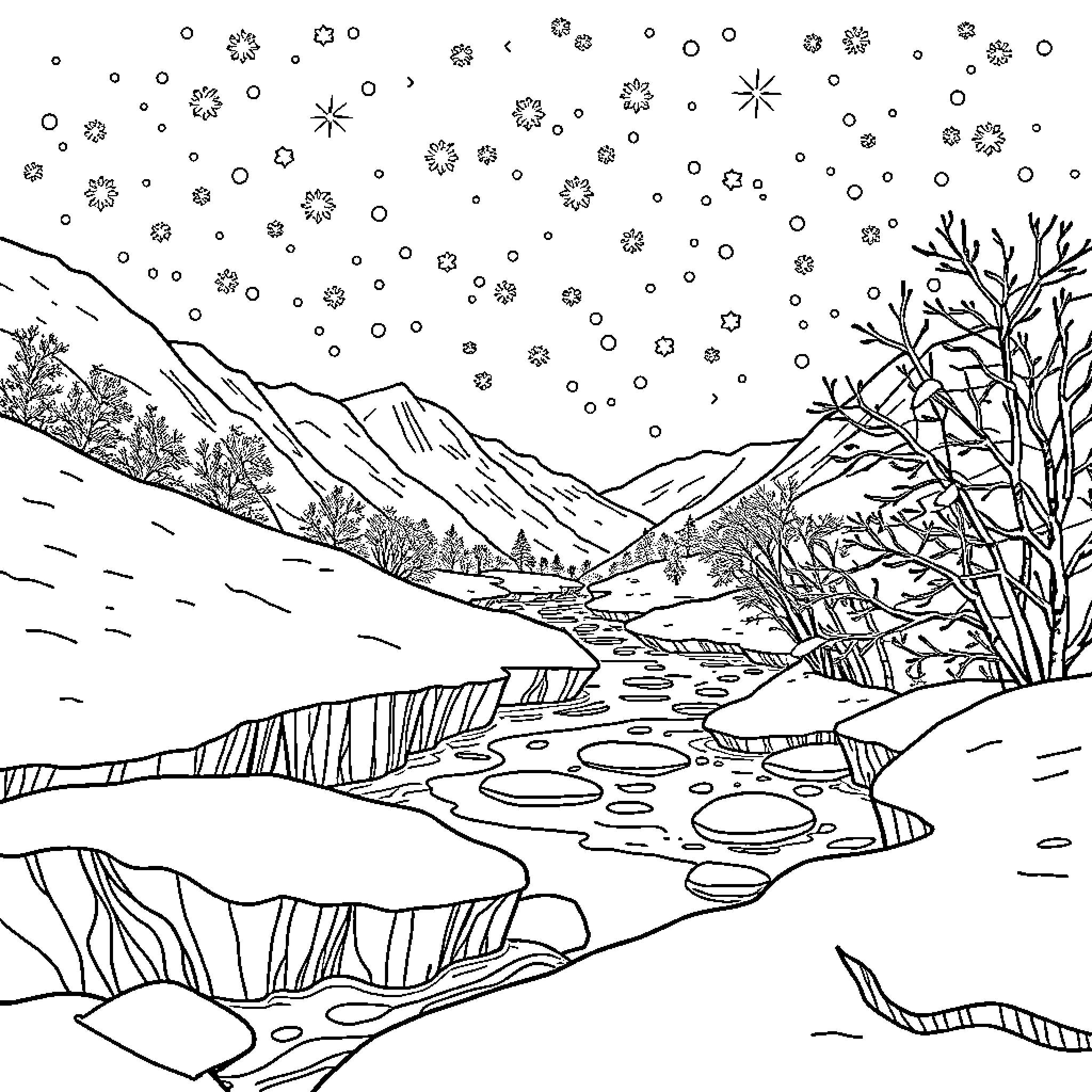 Frozen winter landscape with snowy mountains and trees Coloring Page (free black-and-white line drawing printable PDF for all, from beginners to advanced learners, including children, teens, adults, and seniors)