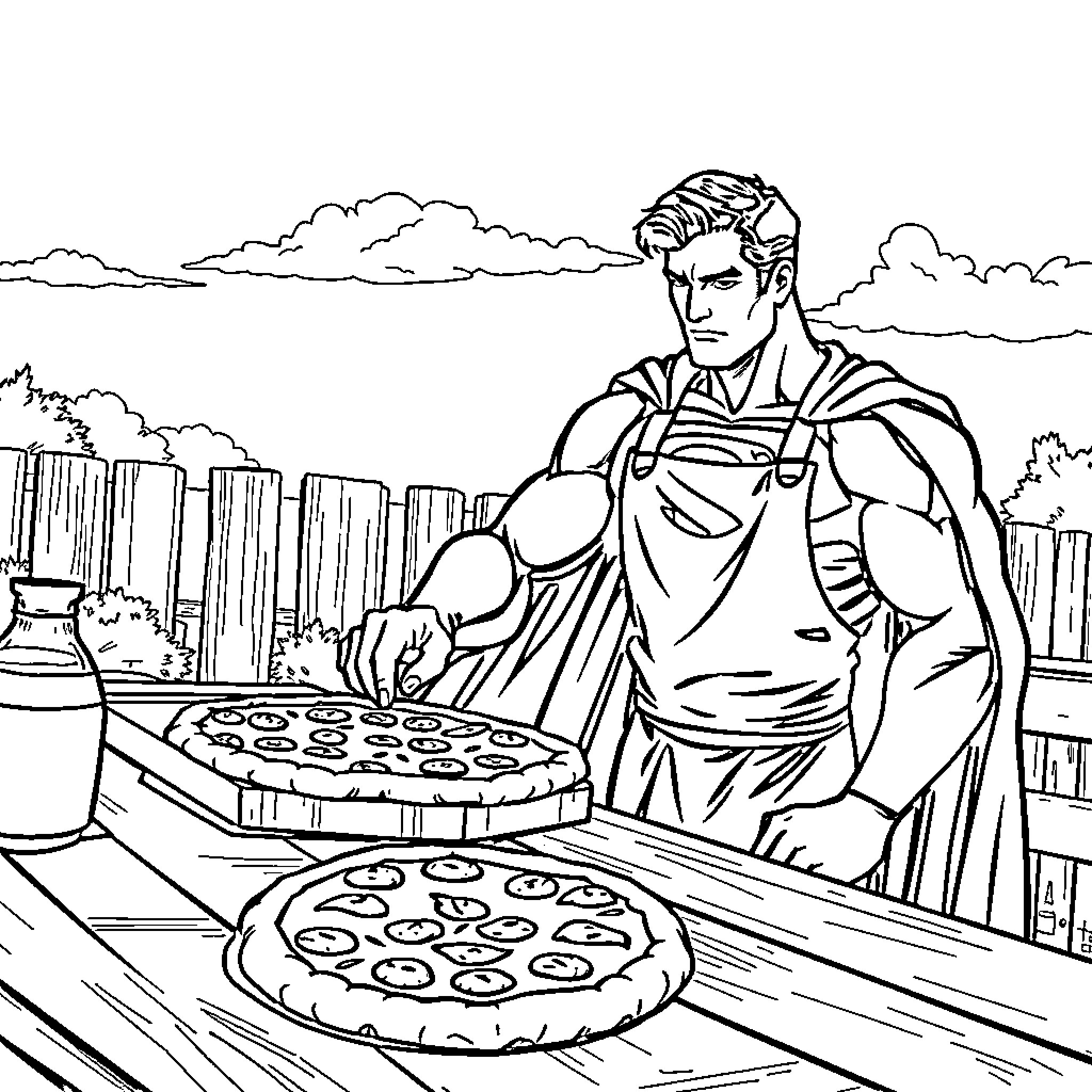 Superman Preparing Delicious Meals on Rooftop Coloring Page (free black-and-white line drawing printable PDF for all, from beginners to advanced learners, including children, teens, adults, and seniors)