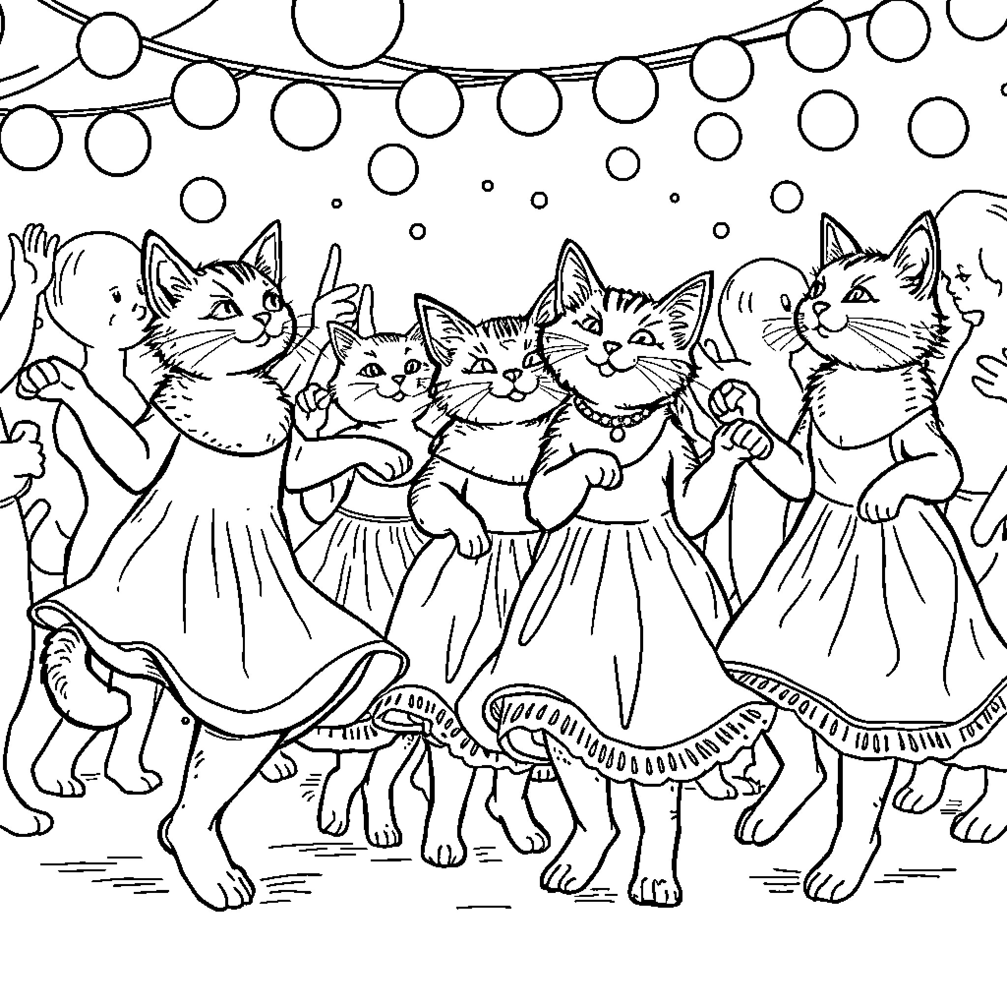 Cat party with dancing feline friends Coloring Page (free black-and-white line drawing printable PDF for all, from beginners to advanced learners, including children, teens, adults, and seniors)