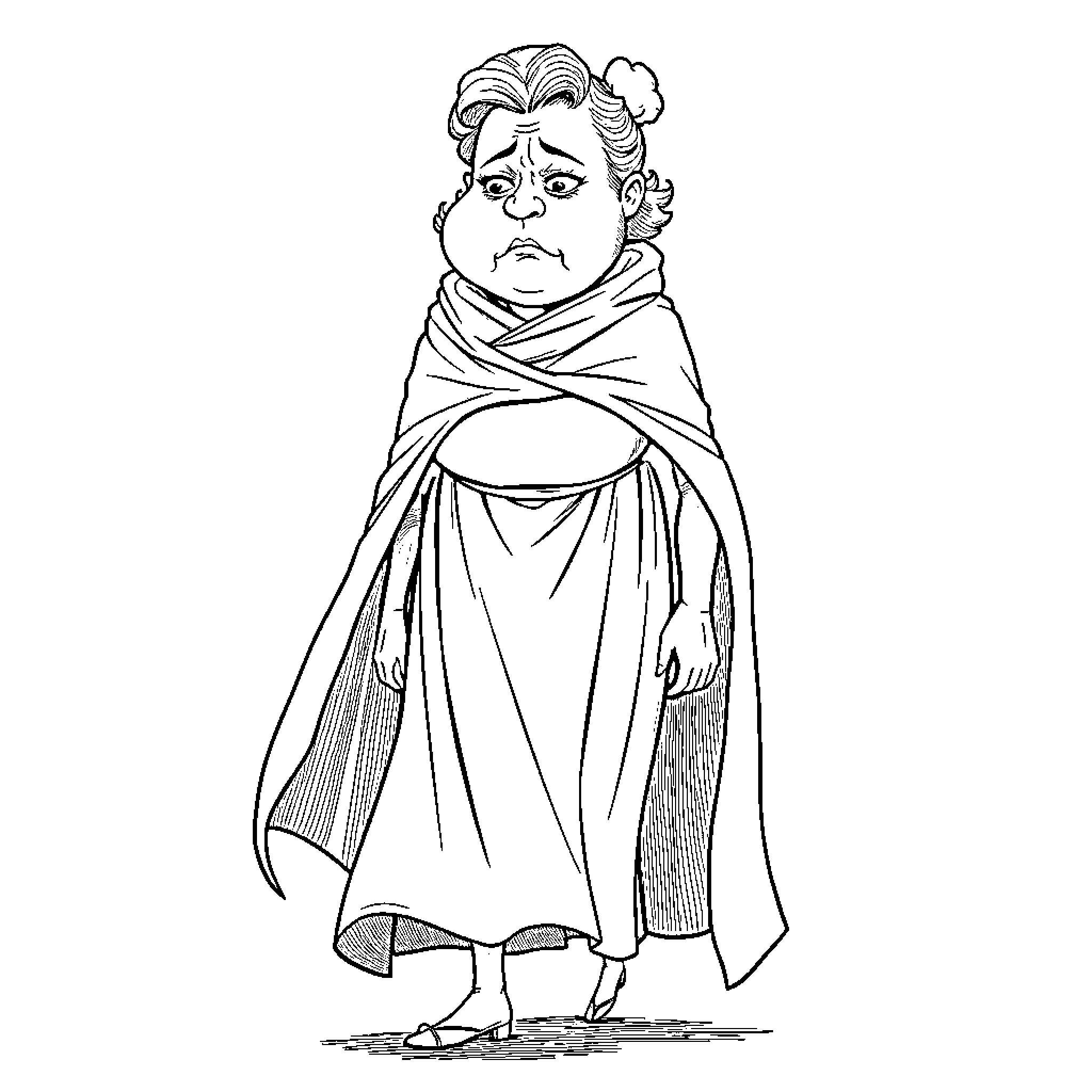 Woman in traditional shawl and dress Coloring Page (free black-and-white line drawing printable PDF for all, from beginners to advanced learners, including children, teens, adults, and seniors)