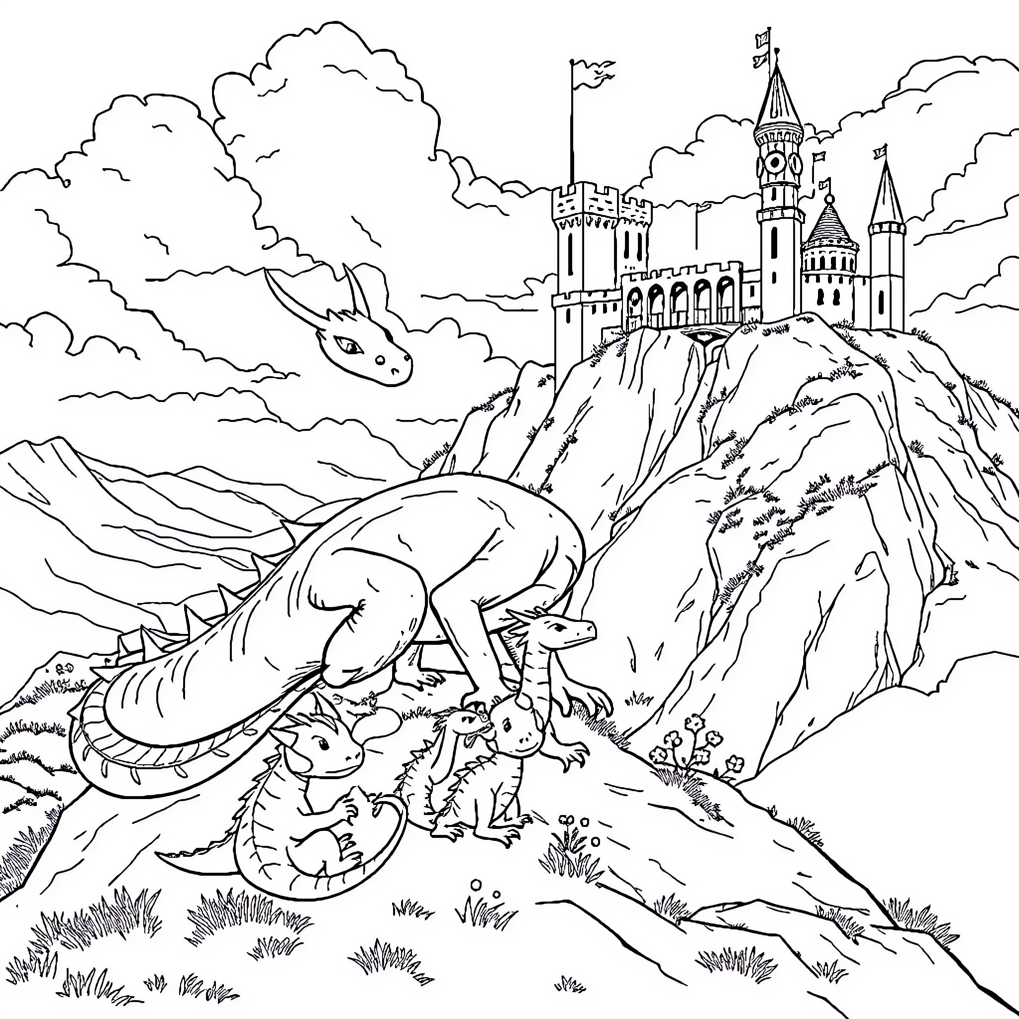 Dragon defending its castle on a rocky mountain Coloring Page (free black-and-white line drawing printable PDF for all, from beginners to advanced learners, including children, teens, adults, and seniors)