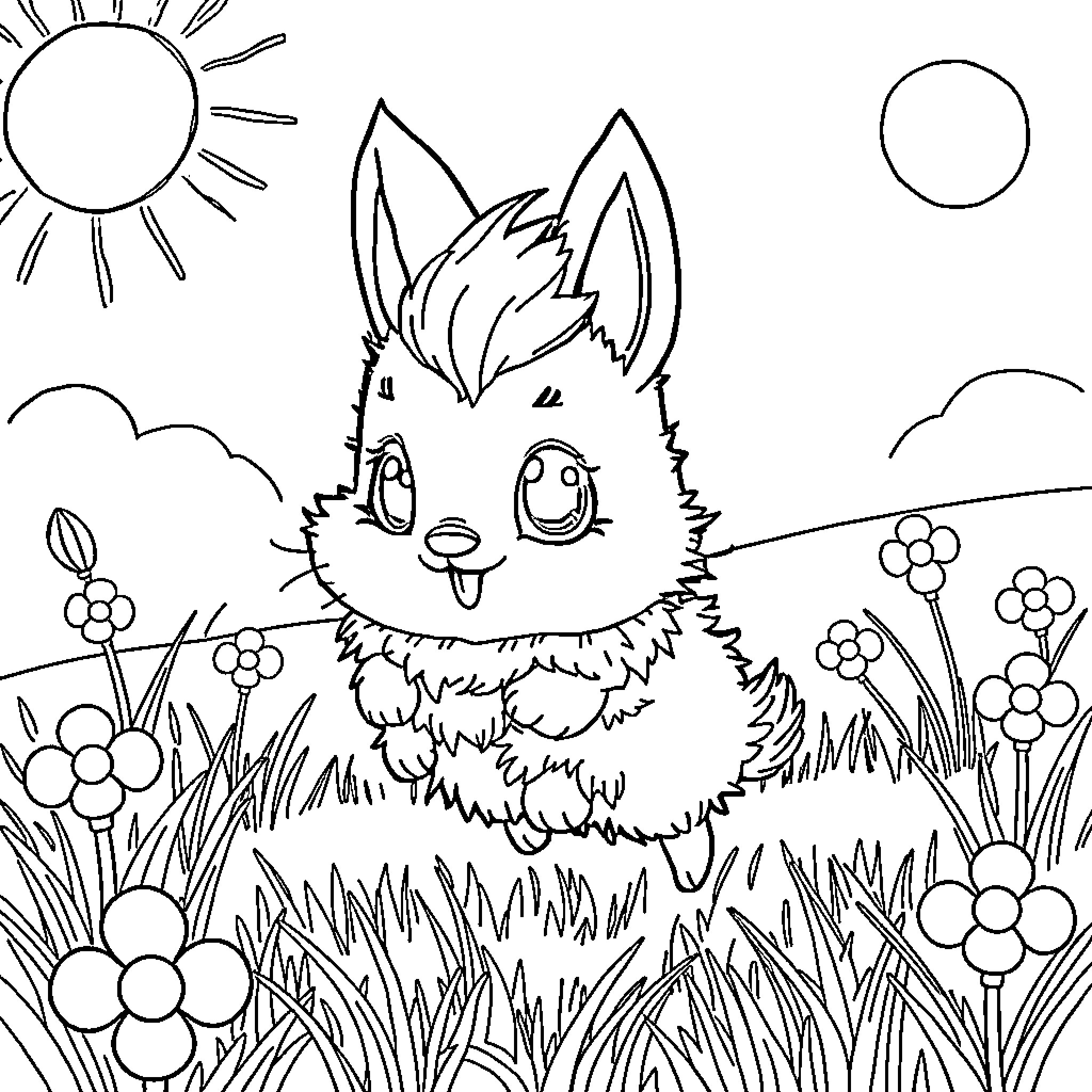 Sprunki's Playful Meadow Coloring Page (free black-and-white line drawing printable PDF for all, from beginners to advanced learners, including children, teens, adults, and seniors)