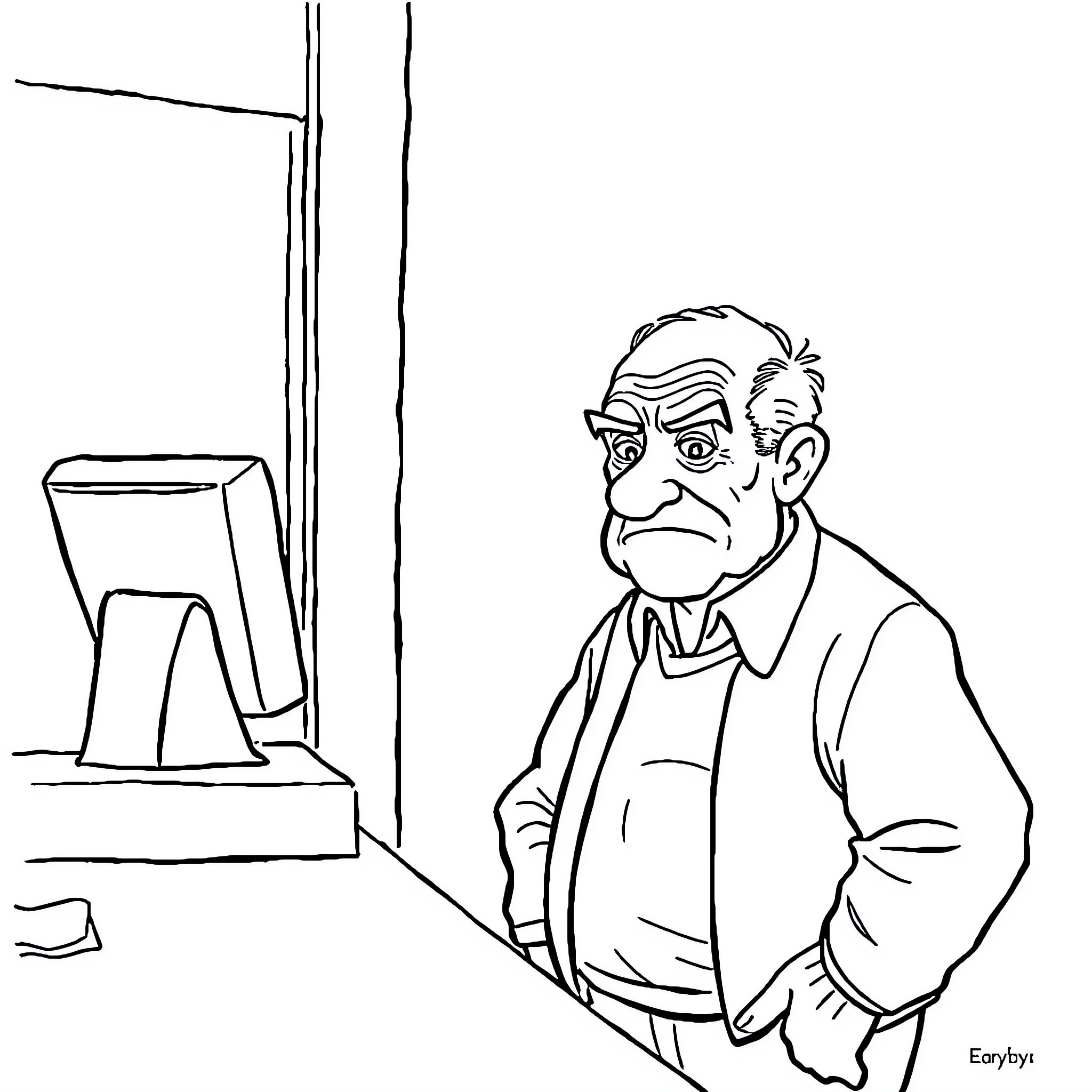 Man standing by computer with stern expression Coloring Page (free black-and-white line drawing printable PDF for all, from beginners to advanced learners, including children, teens, adults, and seniors)