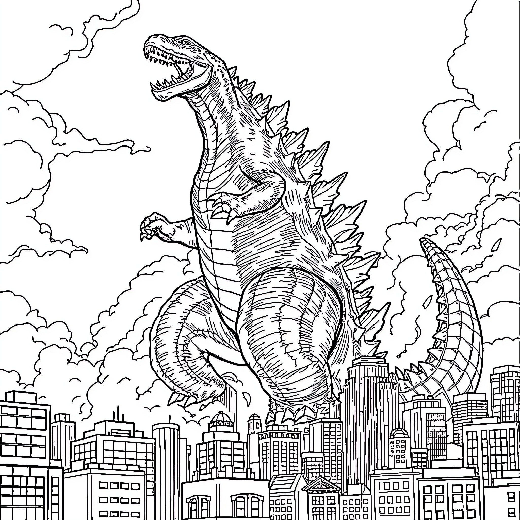 Godzilla Rampages Through the City Coloring Page (free black-and-white line drawing printable PDF for all, from beginners to advanced learners, including children, teens, adults, and seniors)