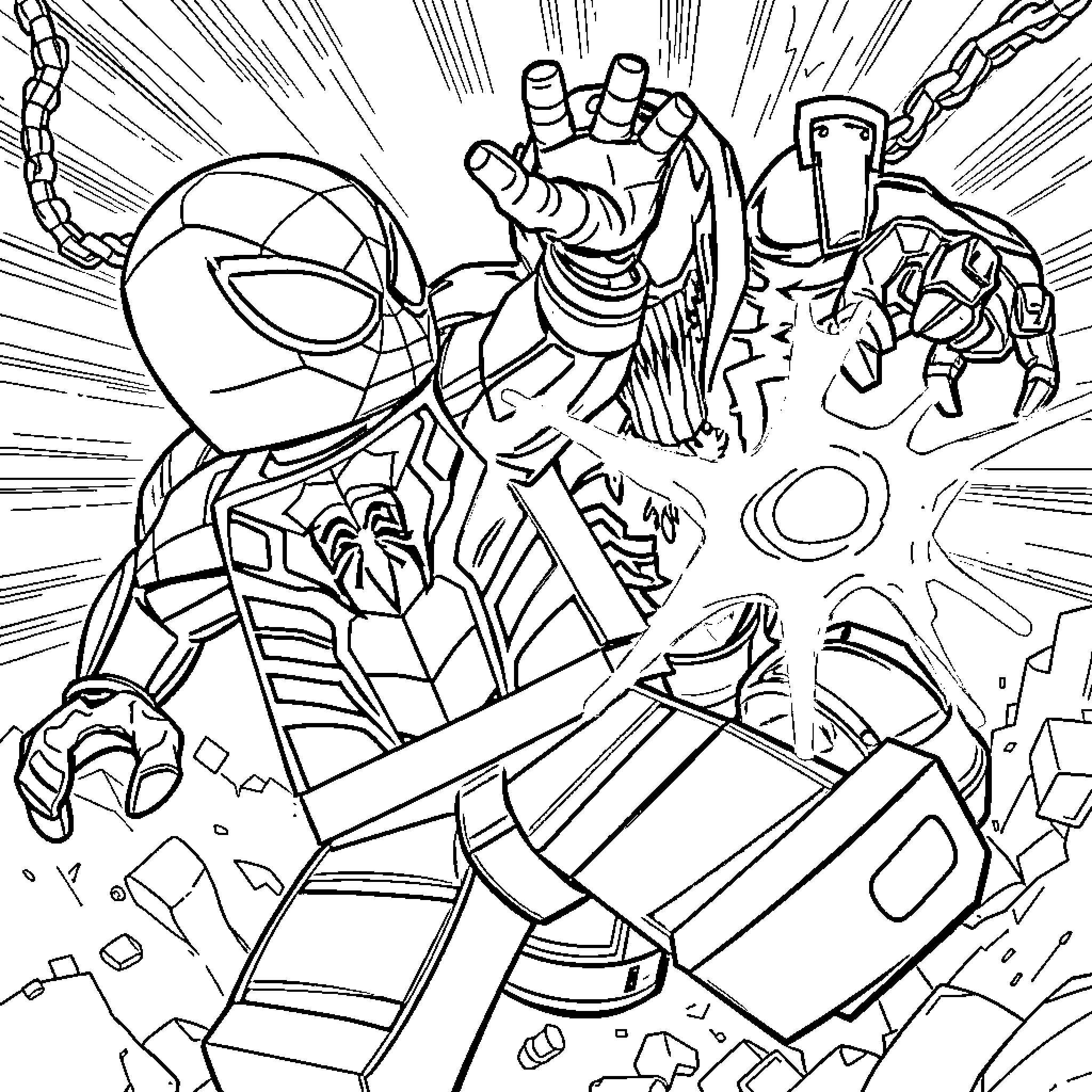 Lego Spider-Man in heroic battle Coloring Page (free black-and-white line drawing printable PDF for all, from beginners to advanced learners, including children, teens, adults, and seniors)