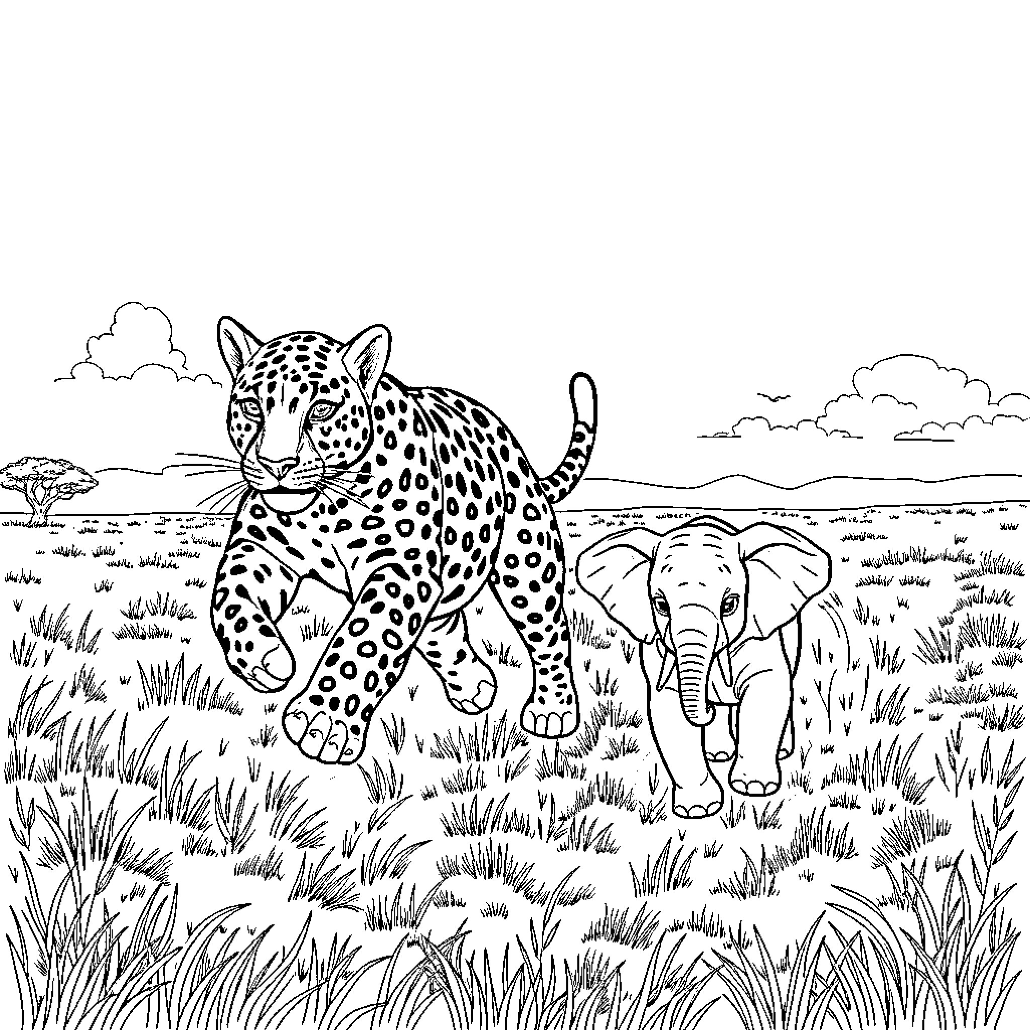 Leopard hunting stealthily near elephant in savanna Coloring Page (free black-and-white line drawing printable PDF for all, from beginners to advanced learners, including children, teens, adults, and seniors)