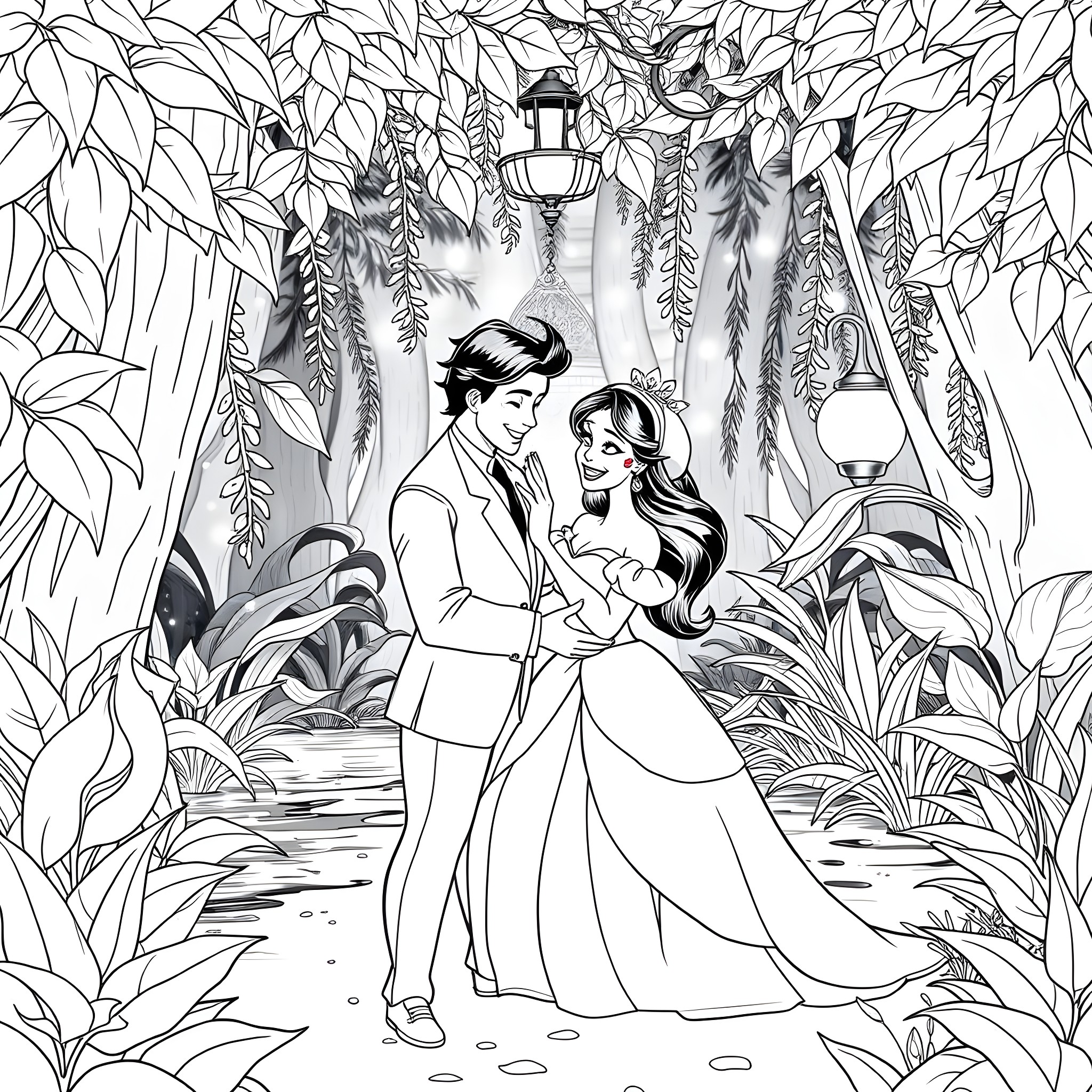 Tiana and Prince Naveen dancing in the enchanted forest Coloring Page (free black-and-white line drawing printable PDF for all, from beginners to advanced learners, including children, teens, adults, and seniors)