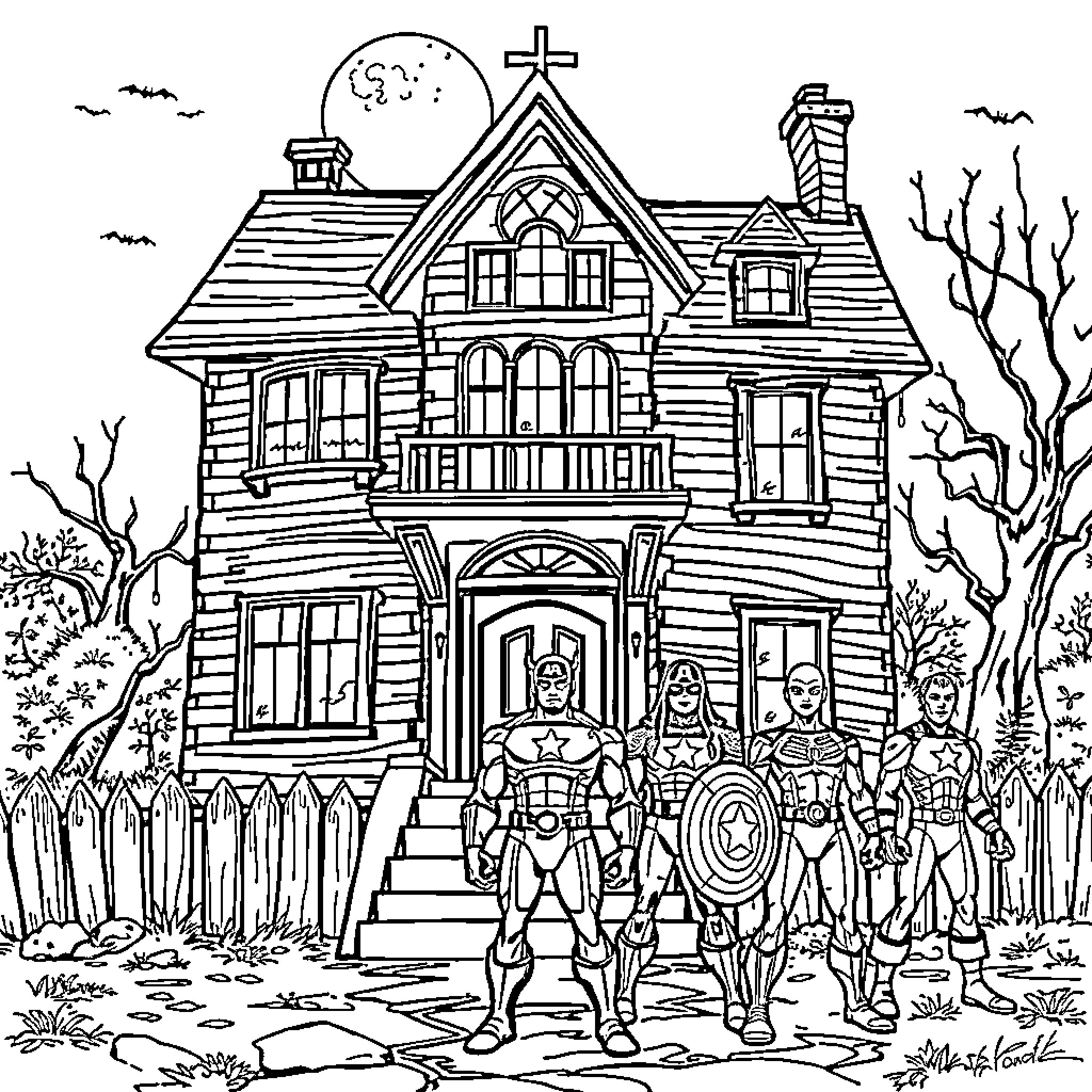 Avenger Superhero Team Defends Haunted House Coloring Page (free black-and-white line drawing printable PDF for all, from beginners to advanced learners, including children, teens, adults, and seniors)