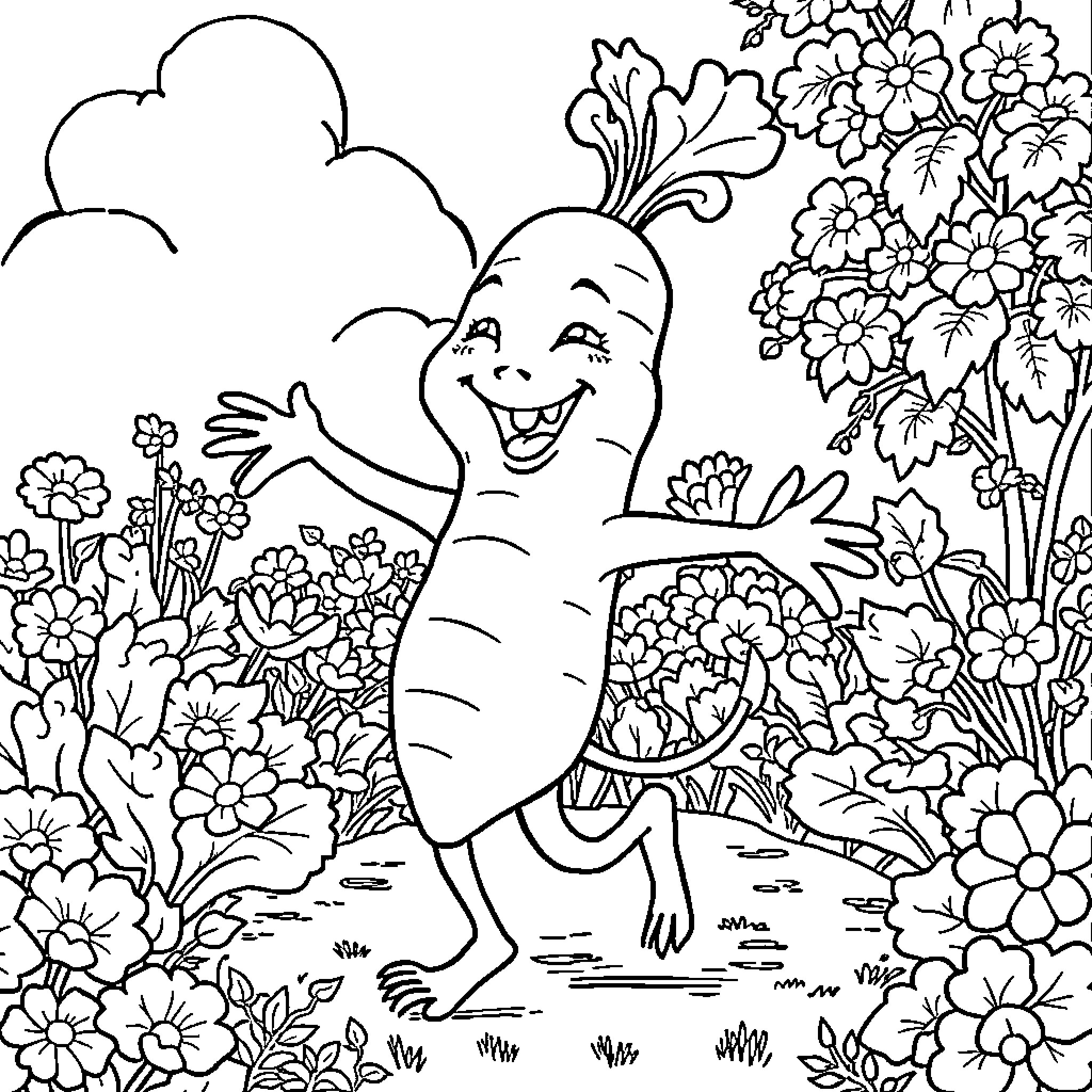 Carrot dancing happily in a floral garden Coloring Page (free black-and-white line drawing printable PDF for all, from beginners to advanced learners, including children, teens, adults, and seniors)