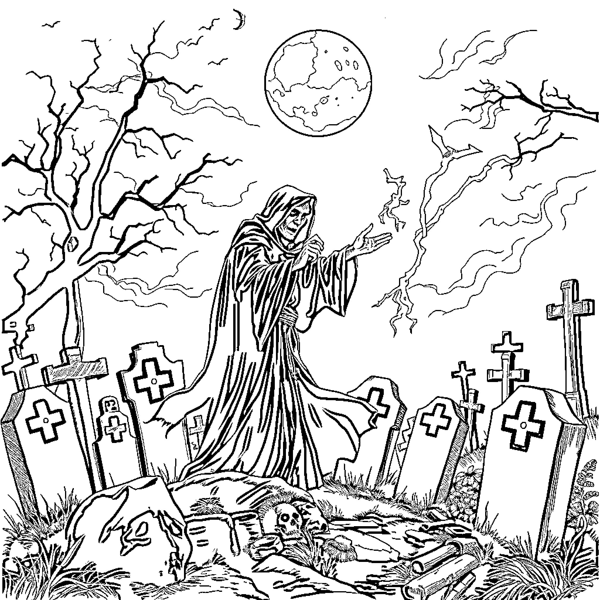 Sorcerer wielding dark magic in a graveyard at night Coloring Page (free black-and-white line drawing printable PDF for all, from beginners to advanced learners, including children, teens, adults, and seniors)