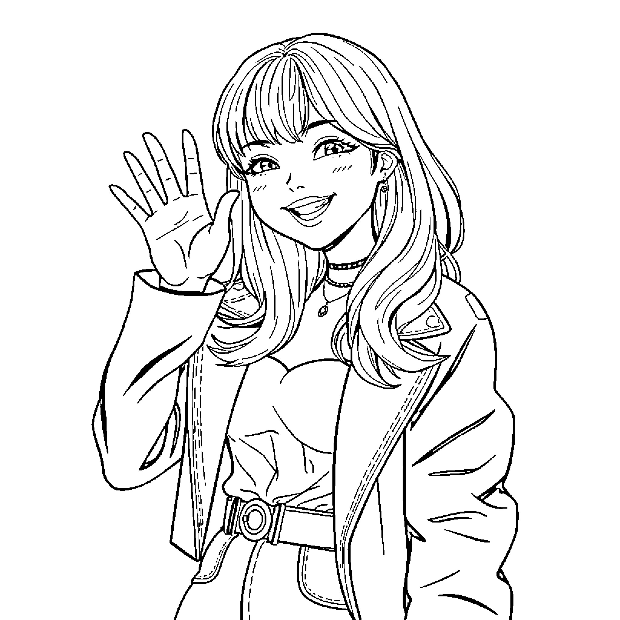 Rumi's cheerful wave and stylish outfit Coloring Page (free black-and-white line drawing printable PDF for all, from beginners to advanced learners, including children, teens, adults, and seniors)