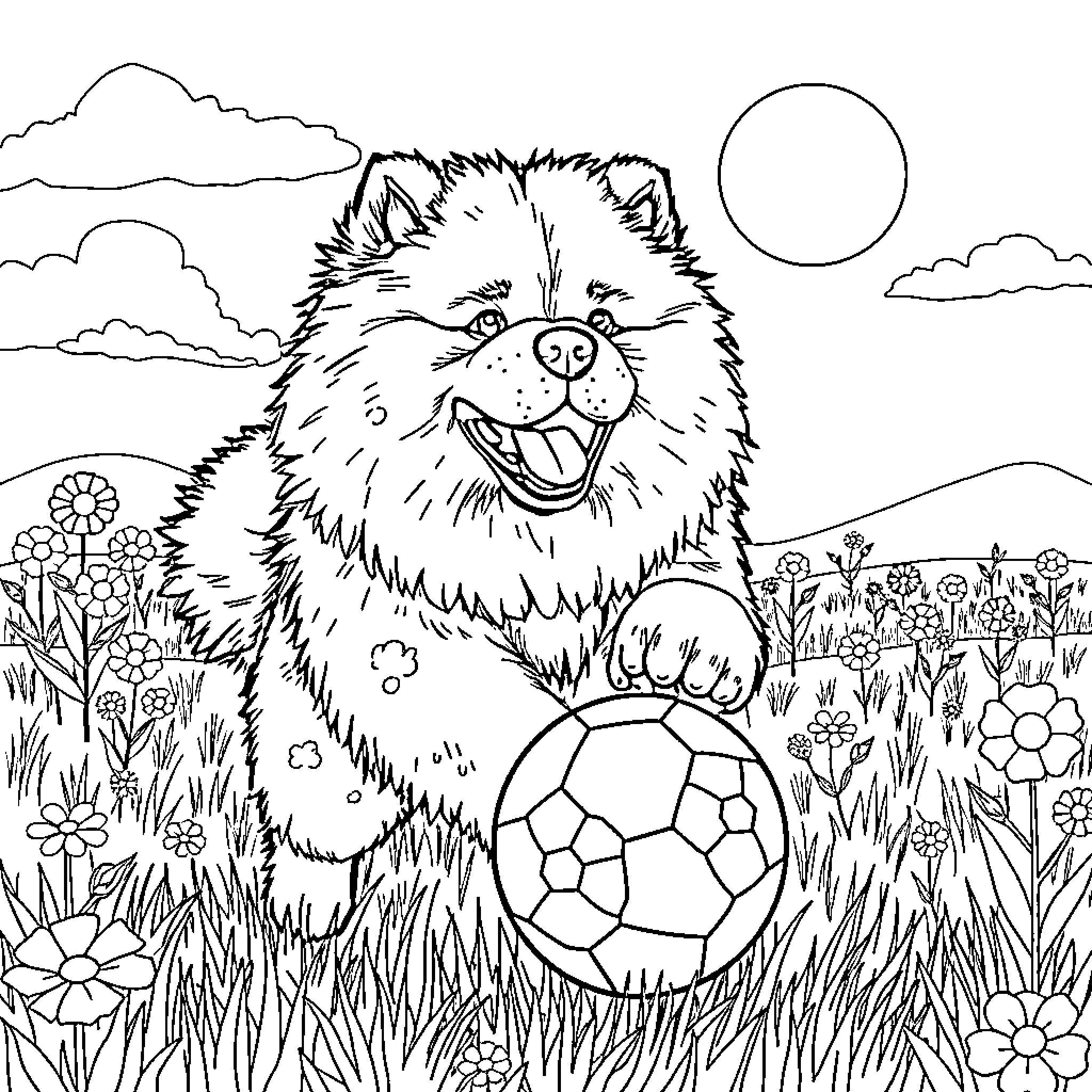 Chow Chow playing joyfully with soccer ball in grassy field Coloring Page (free black-and-white line drawing printable PDF for all, from beginners to advanced learners, including children, teens, adults, and seniors)