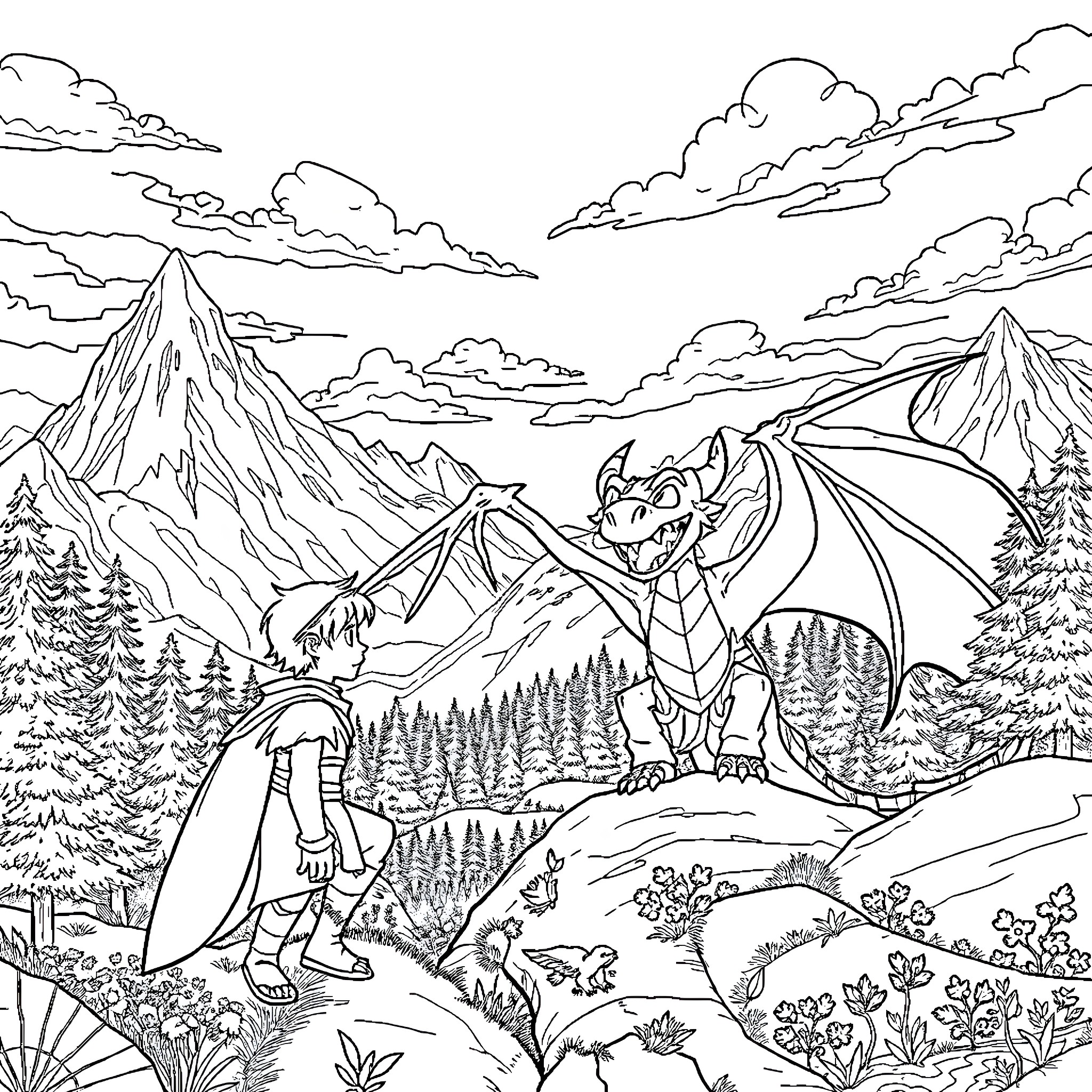 Dragon soaring over majestic mountains and forests Coloring Page (free black-and-white line drawing printable PDF for all, from beginners to advanced learners, including children, teens, adults, and seniors)