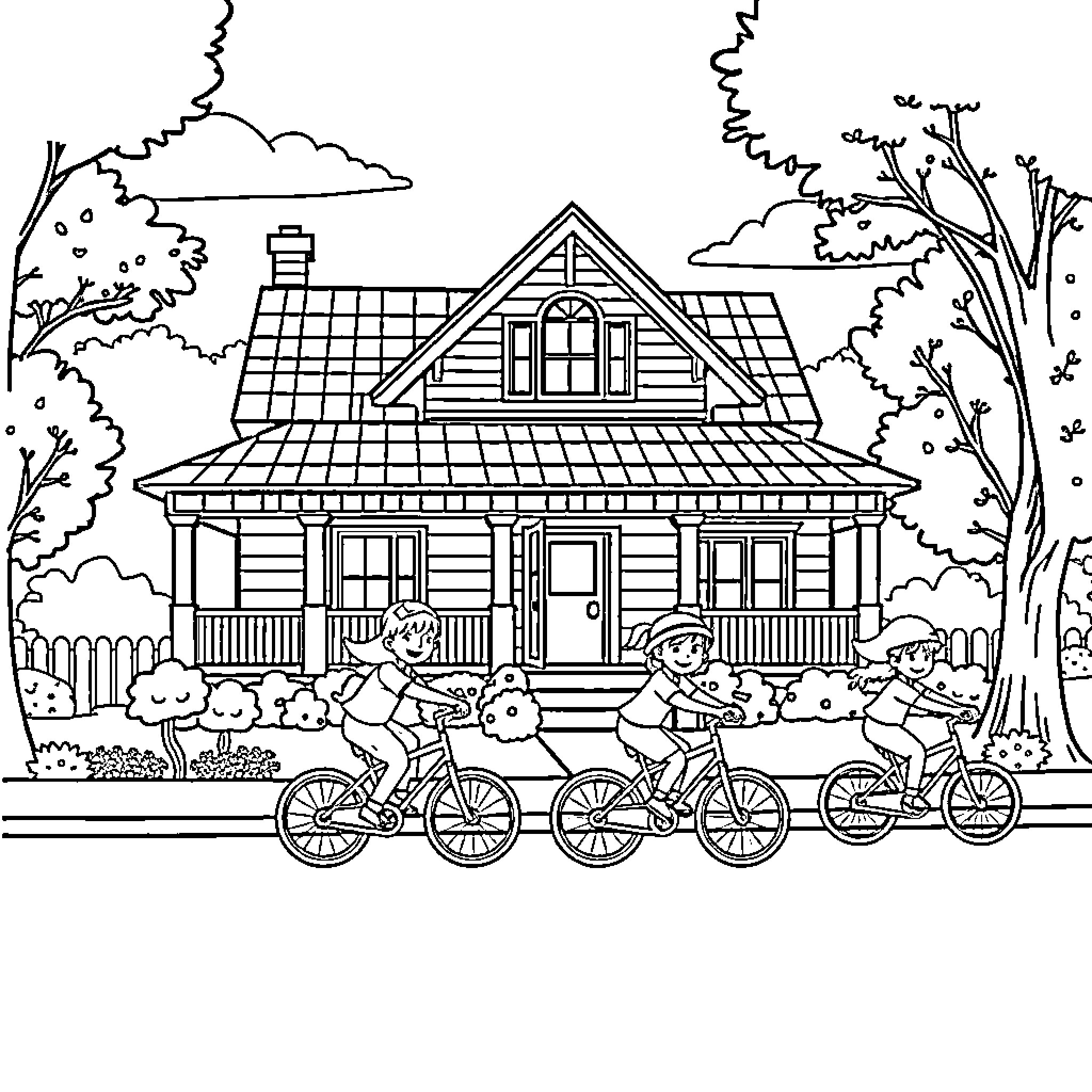 Kids riding bikes in a neighborhood Coloring Page (free black-and-white line drawing printable PDF for all, from beginners to advanced learners, including children, teens, adults, and seniors)