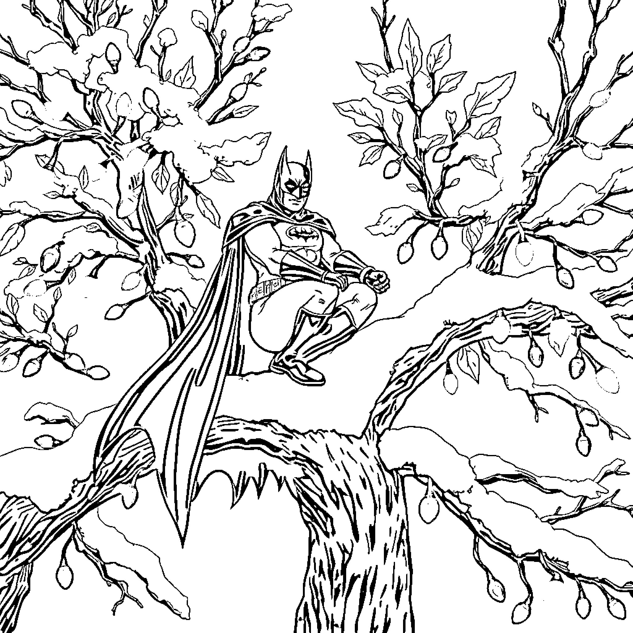 Batman Crouching on Snowy Tree Branch Coloring Page (free black-and-white line drawing printable PDF for all, from beginners to advanced learners, including children, teens, adults, and seniors)