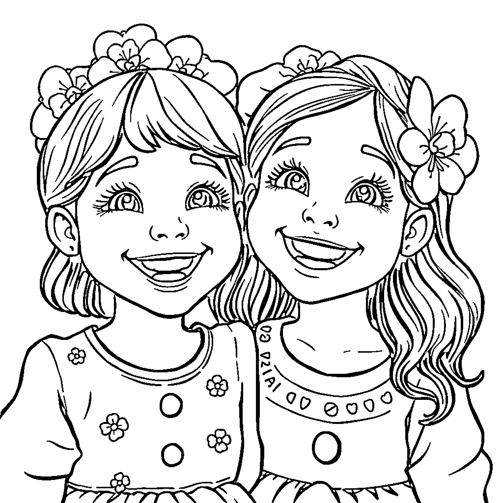 Fille sisters share a joyful moment Coloring Page (free black-and-white line drawing printable PDF for all, from beginners to advanced learners, including children, teens, adults, and seniors)