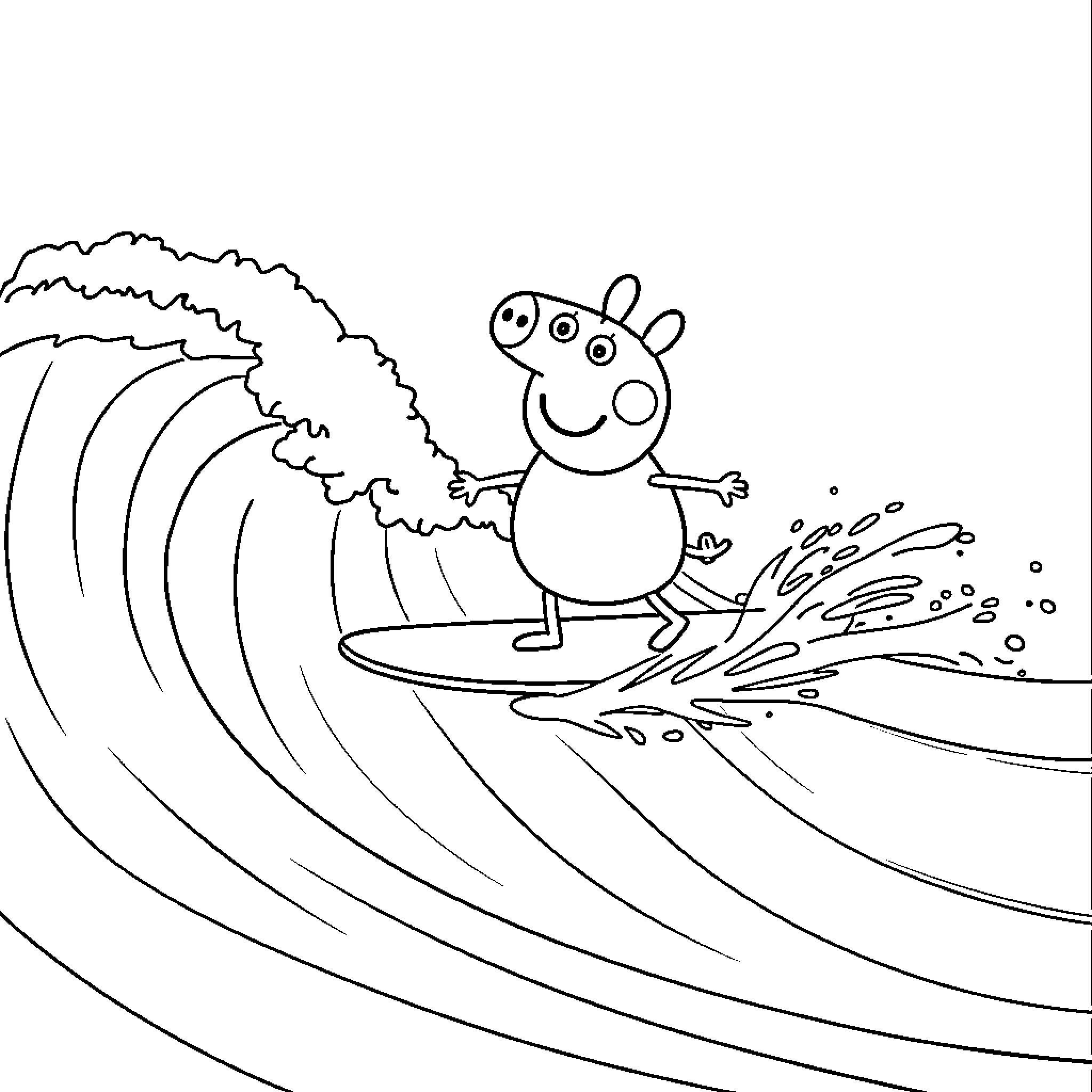 Peppa Pig enjoying a surfing adventure Coloring Page (free black-and-white line drawing printable PDF for all, from beginners to advanced learners, including children, teens, adults, and seniors)