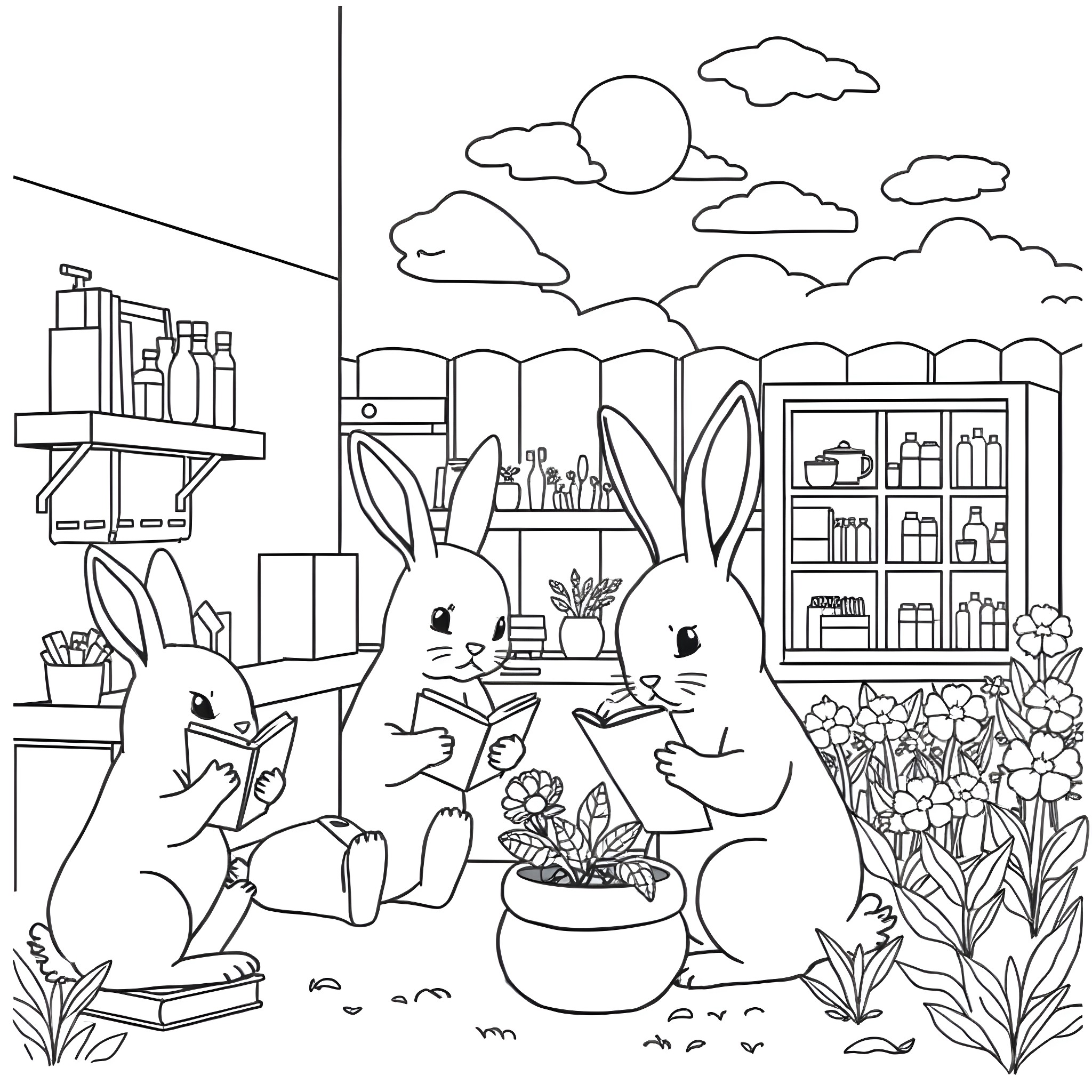 Bunny friends enjoying a cozy day at the garden store Coloring Page (free black-and-white line drawing printable PDF for all, from beginners to advanced learners, including children, teens, adults, and seniors)