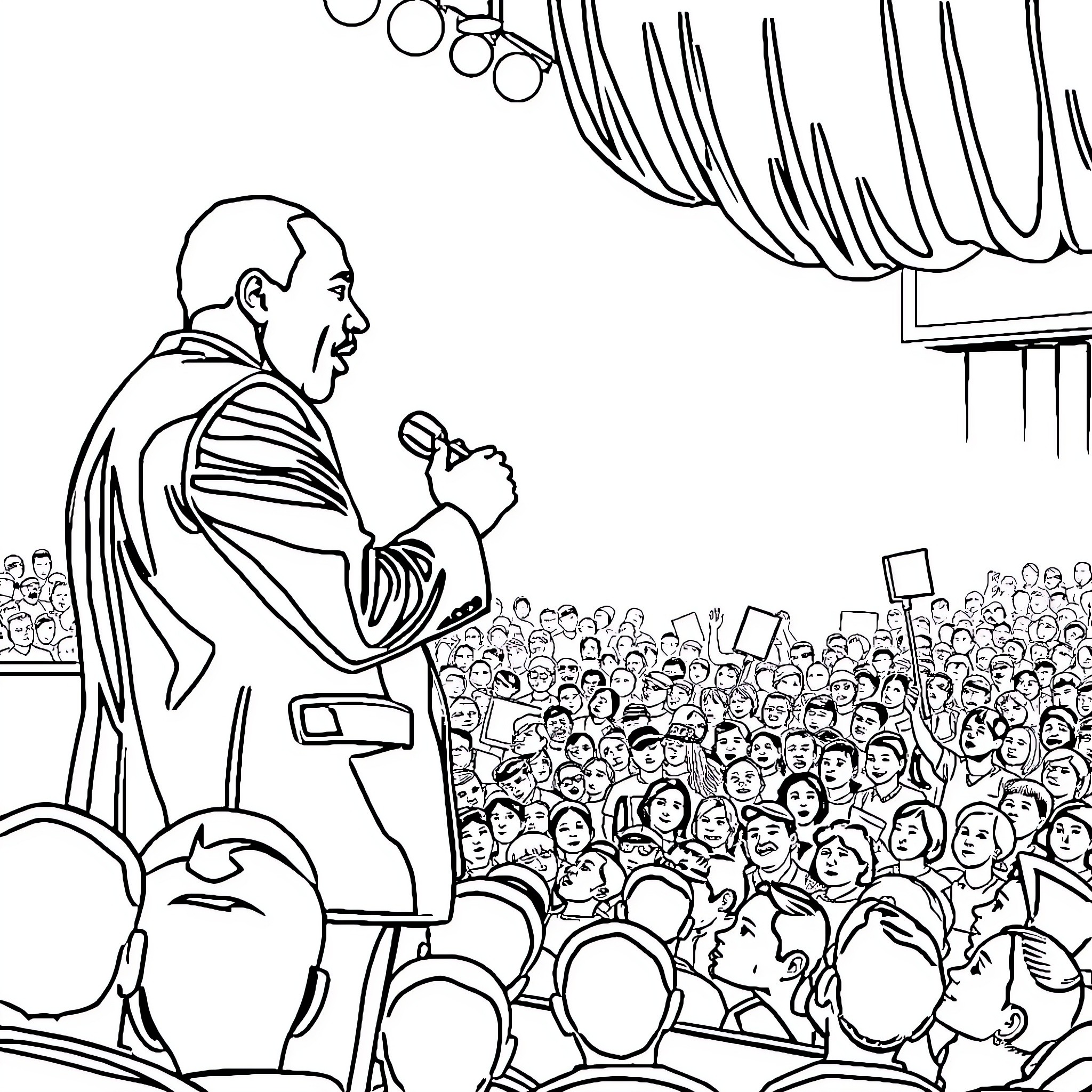 Martin Luther King Jr. addressing a crowd at a podium Coloring Page (free black-and-white line drawing printable PDF for all, from beginners to advanced learners, including children, teens, adults, and seniors)