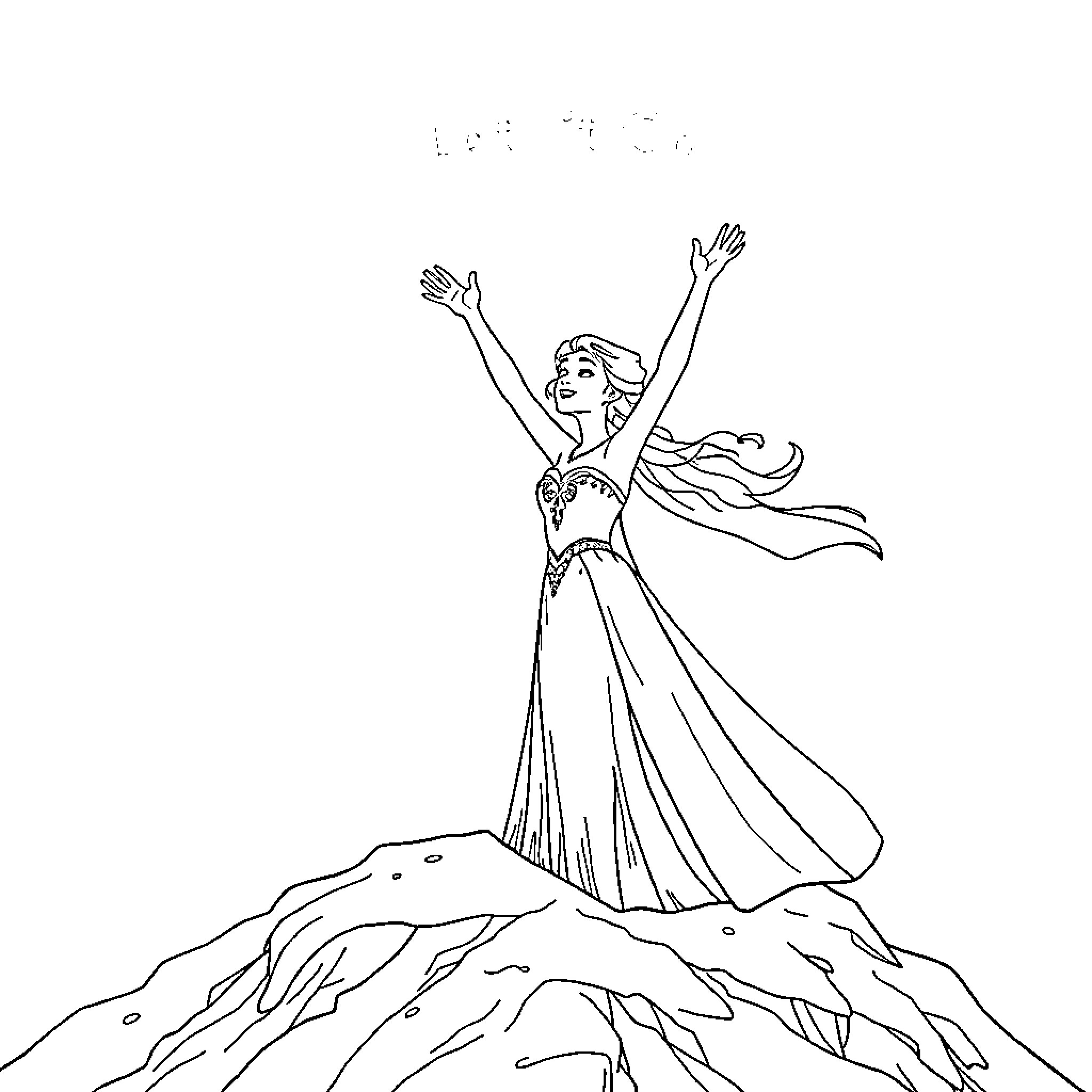 Elsa's joyful dance on the snowy mountain Coloring Page (free black-and-white line drawing printable PDF for all, from beginners to advanced learners, including children, teens, adults, and seniors)