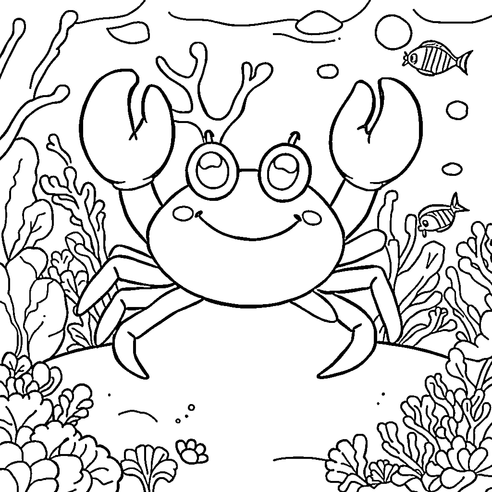 Crab exploring the underwater coral reef Coloring Page (free black-and-white line drawing printable PDF for all, from beginners to advanced learners, including children, teens, adults, and seniors)