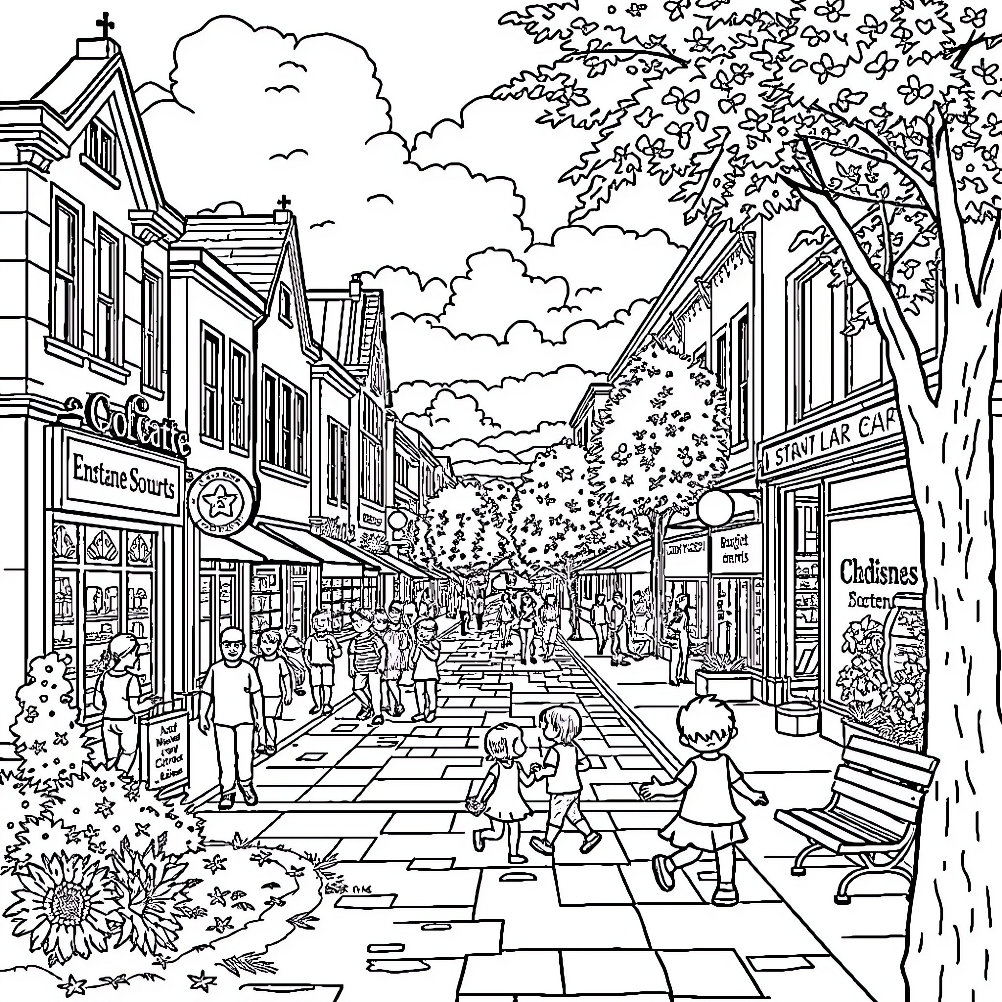Town with lively street, shops, and people Coloring Page (free black-and-white line drawing printable PDF for all, from beginners to advanced learners, including children, teens, adults, and seniors)