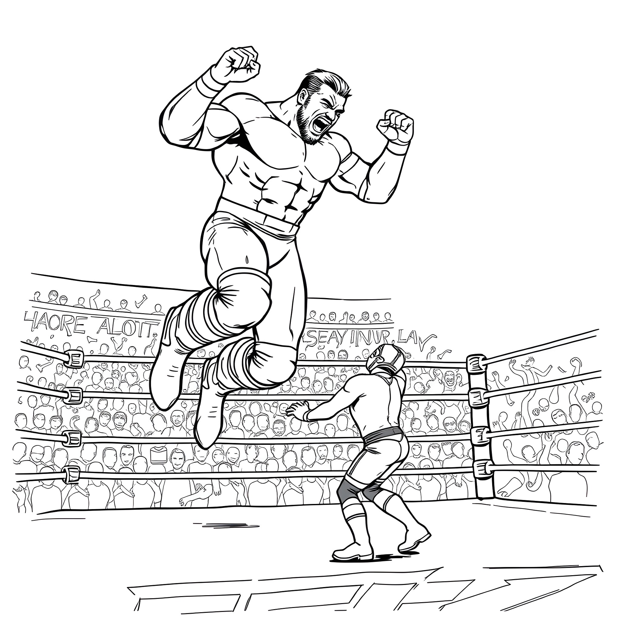 Wrestler's powerful moves in the wrestling ring Coloring Page (free black-and-white line drawing printable PDF for all, from beginners to advanced learners, including children, teens, adults, and seniors)