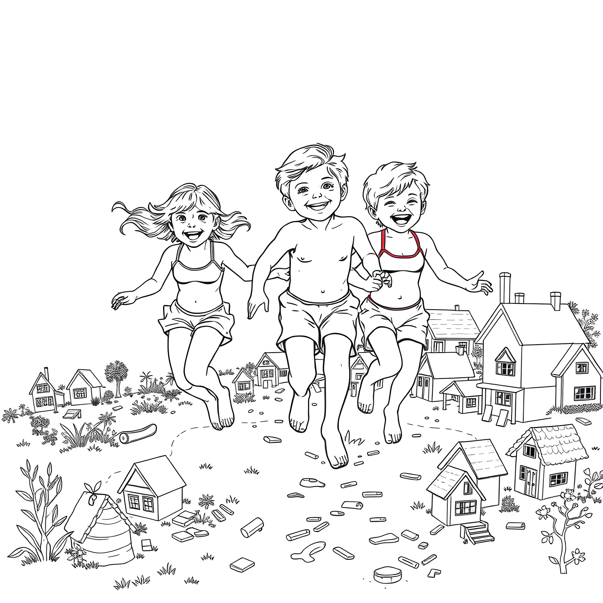 Kid's playful adventure in the neighborhood Coloring Page (free black-and-white line drawing printable PDF for all, from beginners to advanced learners, including children, teens, adults, and seniors)