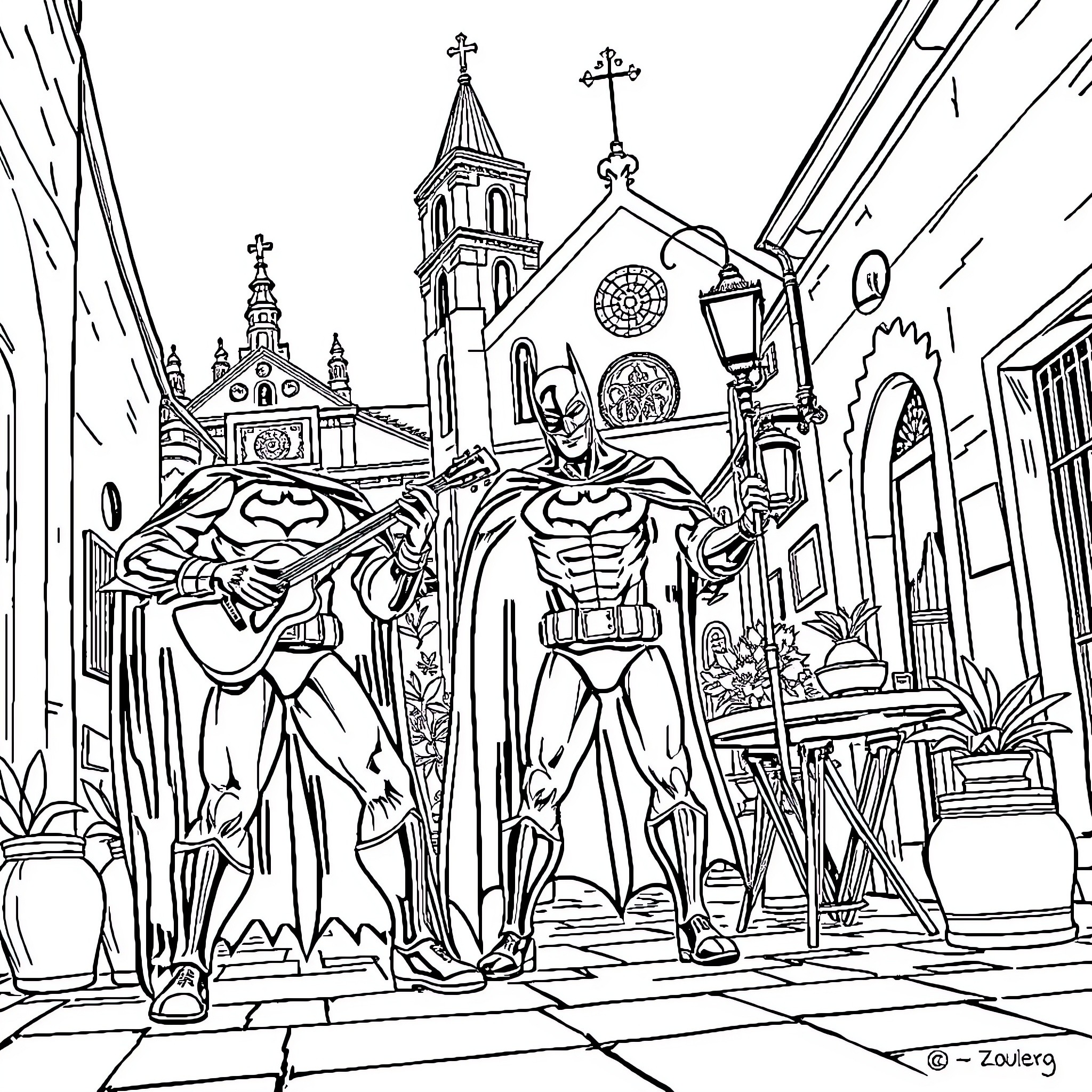 Batman Duo Defends Gotham City's Iconic Cathedral Coloring Page (free black-and-white line drawing printable PDF for all, from beginners to advanced learners, including children, teens, adults, and seniors)