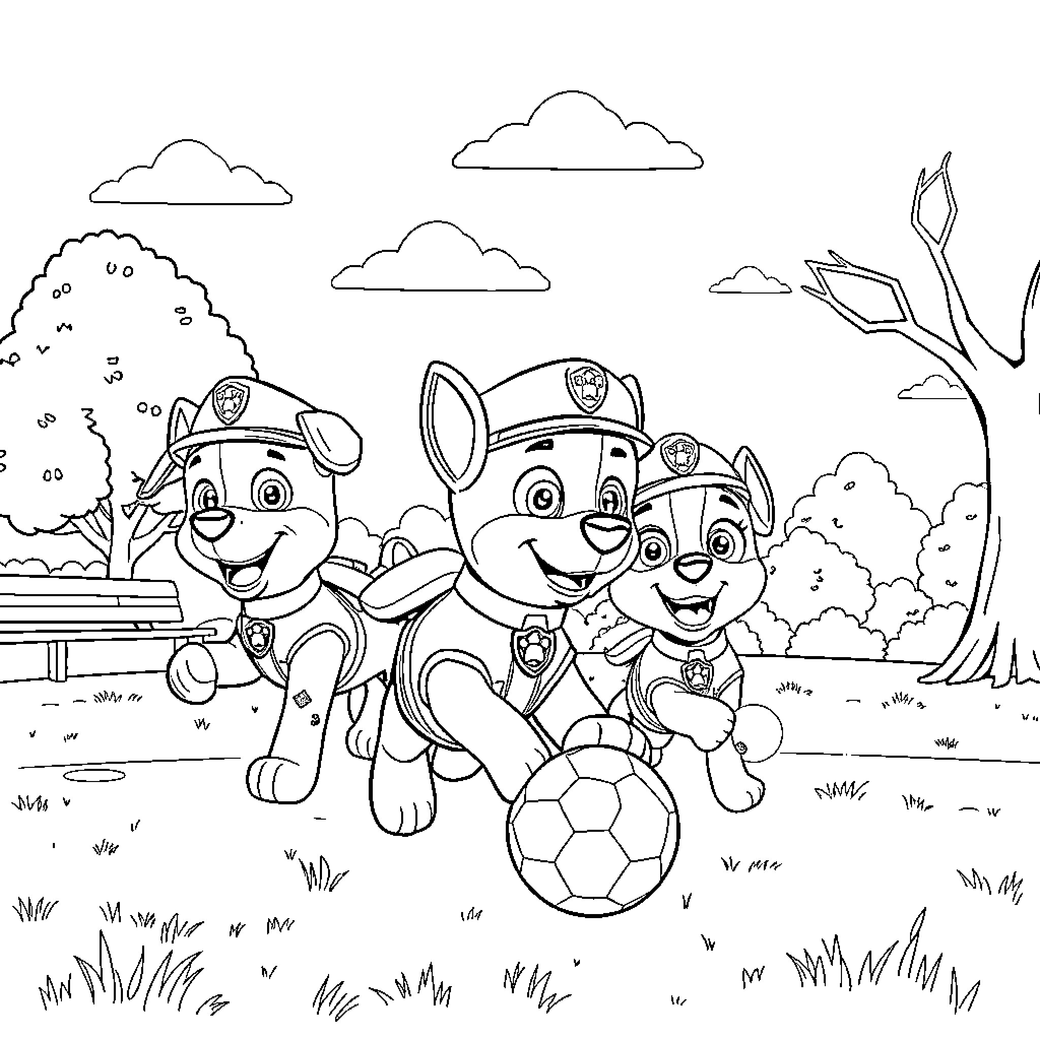 Paw Patrol Pups Playing with Soccer Ball Coloring Page (free black-and-white line drawing printable PDF for all, from beginners to advanced learners, including children, teens, adults, and seniors)
