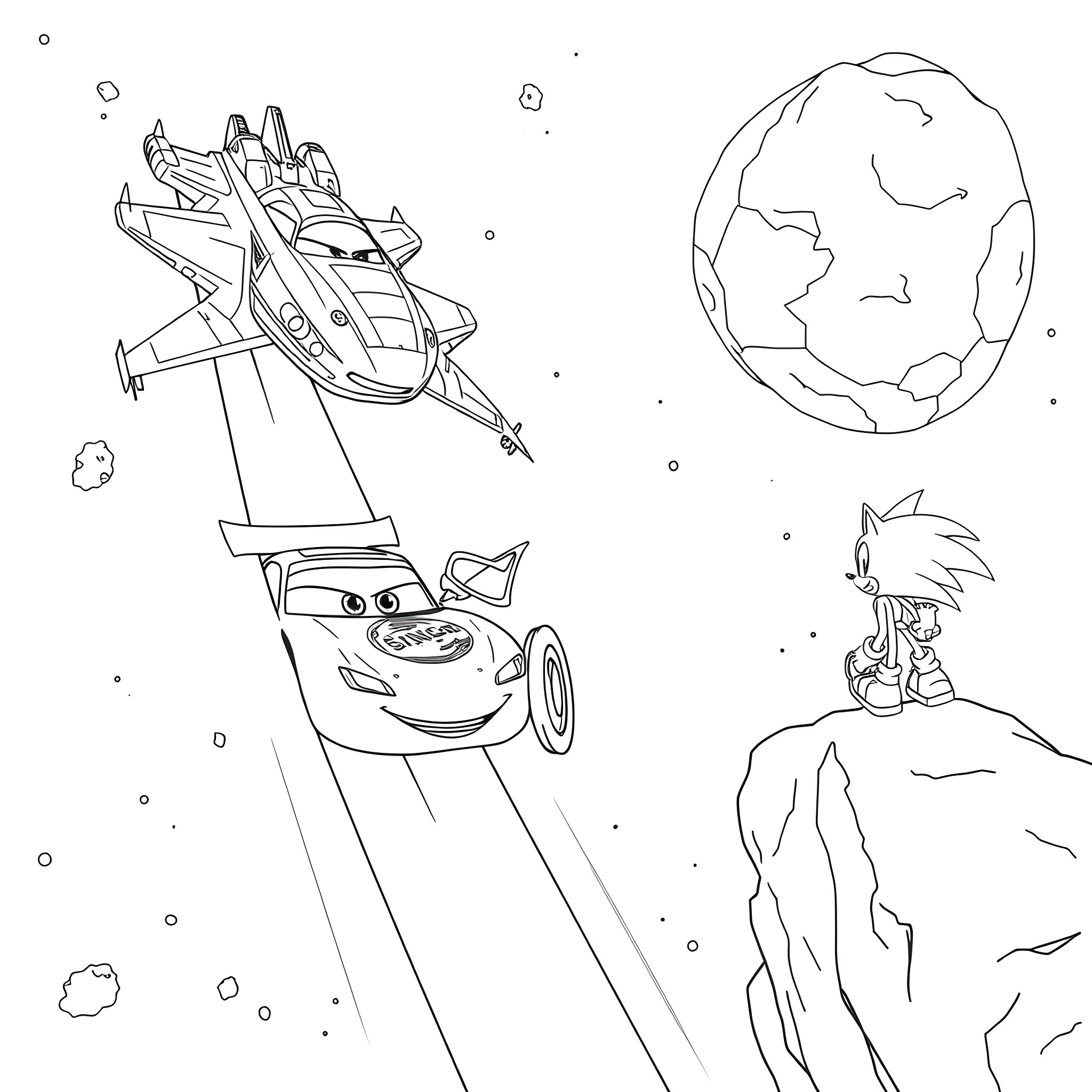 Lightning McQueen's cosmic adventure in space Coloring Page (free black-and-white line drawing printable PDF for all, from beginners to advanced learners, including children, teens, adults, and seniors)