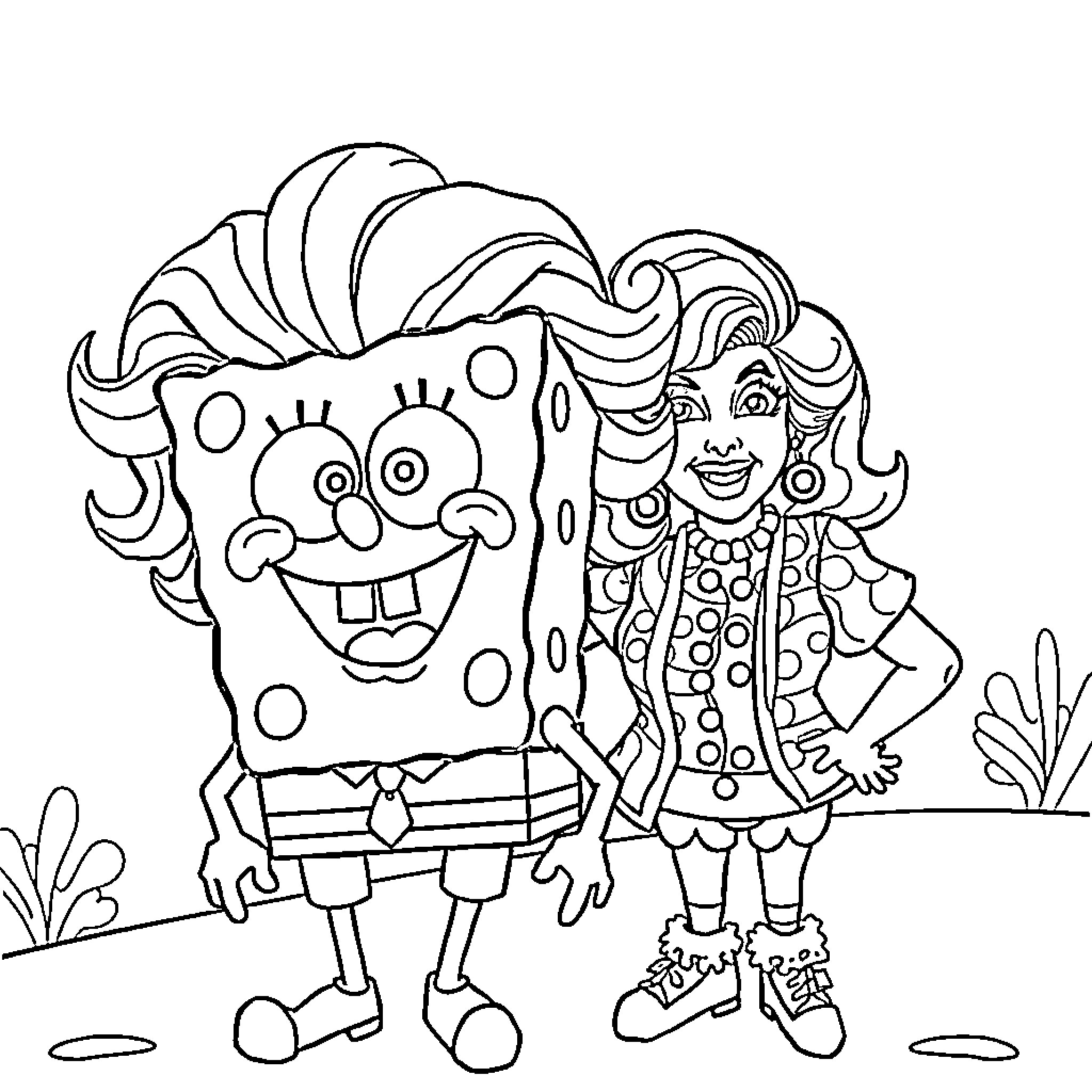 Spongebob and Sandy having a fun adventure Coloring Page (free black-and-white line drawing printable PDF for all, from beginners to advanced learners, including children, teens, adults, and seniors)