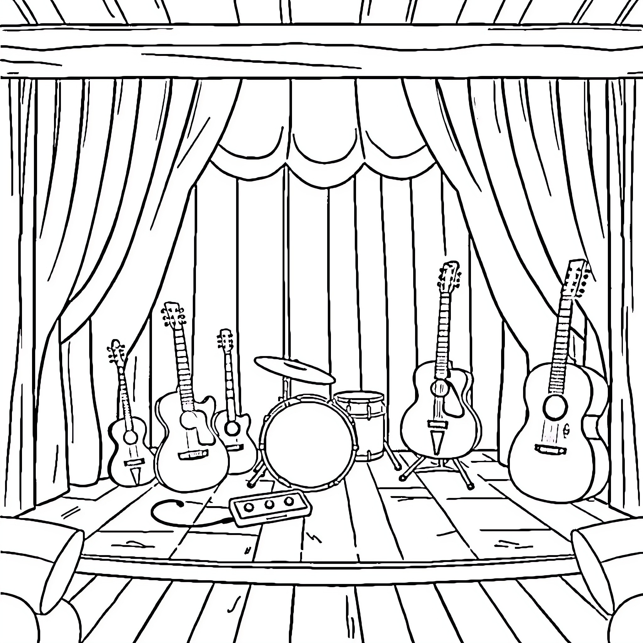 Musical Instrument Performance Backstage Coloring Page (free black-and-white line drawing printable PDF for all, from beginners to advanced learners, including children, teens, adults, and seniors)