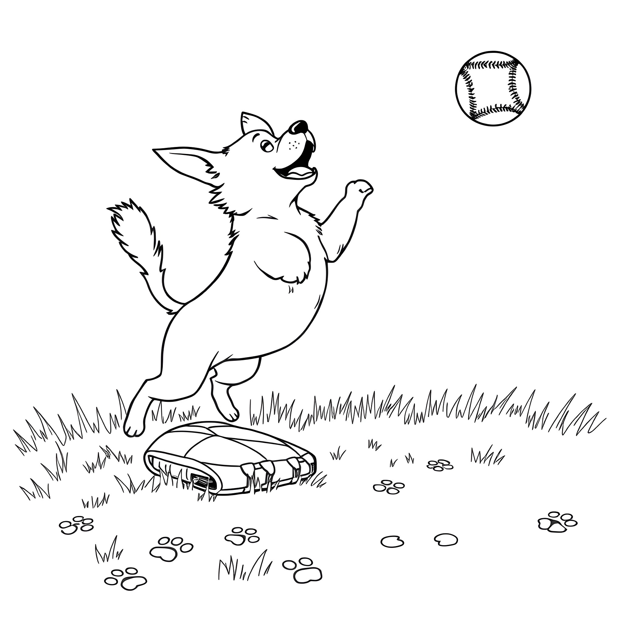 Dog playing joyfully with a baseball Coloring Page (free black-and-white line drawing printable PDF for all, from beginners to advanced learners, including children, teens, adults, and seniors)