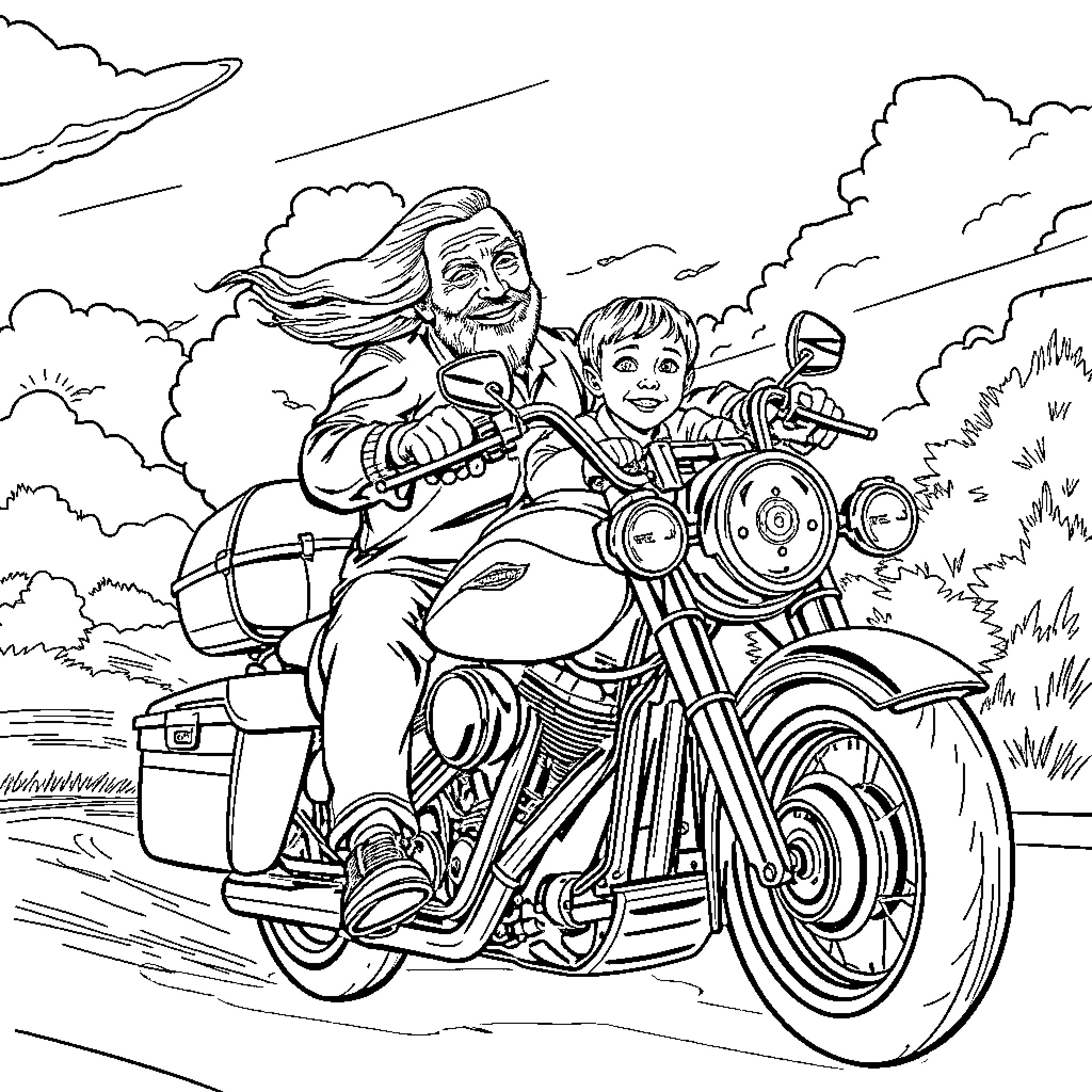 Motorcycle Ride with Companions on the Open Road Coloring Page (free black-and-white line drawing printable PDF for all, from beginners to advanced learners, including children, teens, adults, and seniors)