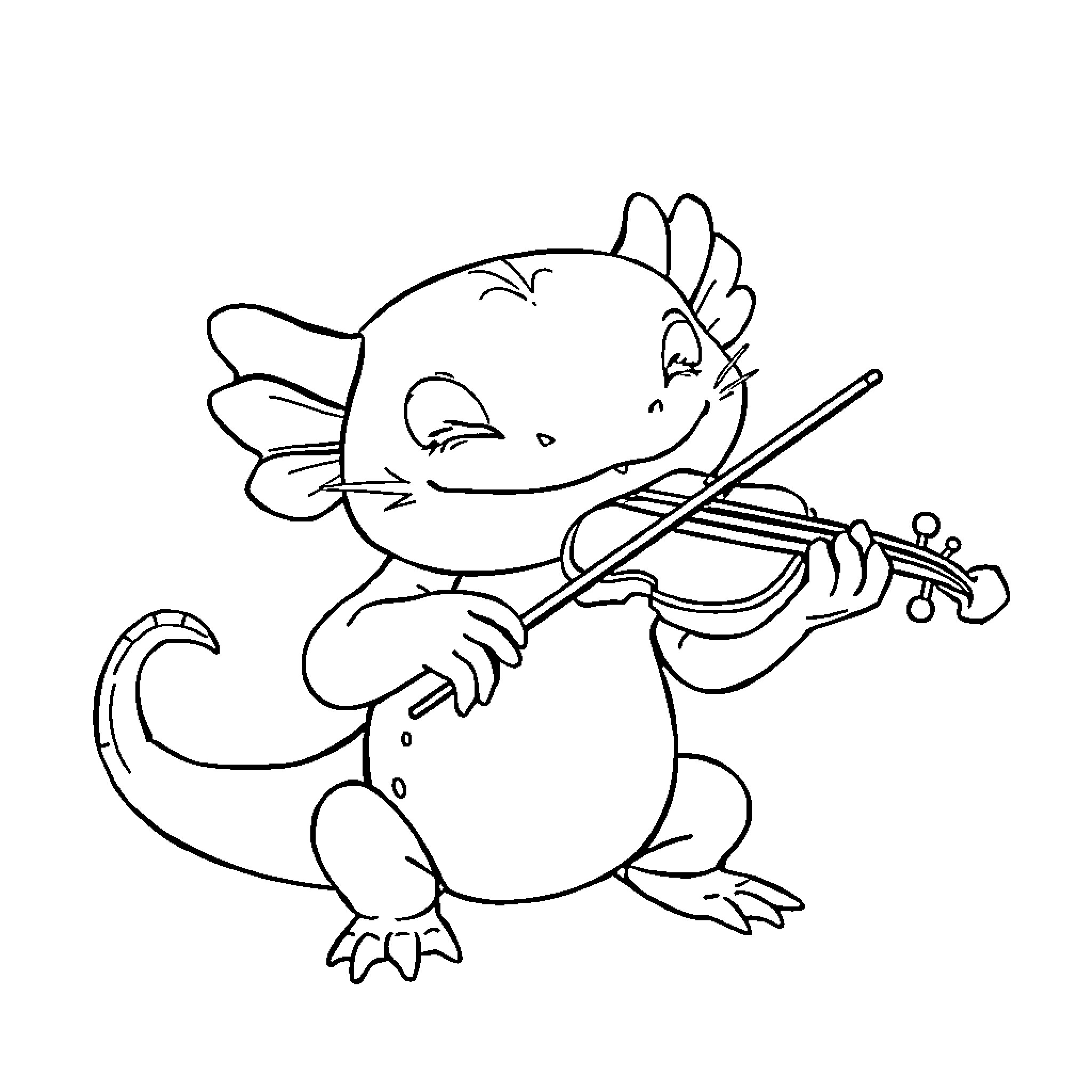 Axolotl playing the violin happily Coloring Page (free black-and-white line drawing printable PDF for all, from beginners to advanced learners, including children, teens, adults, and seniors)