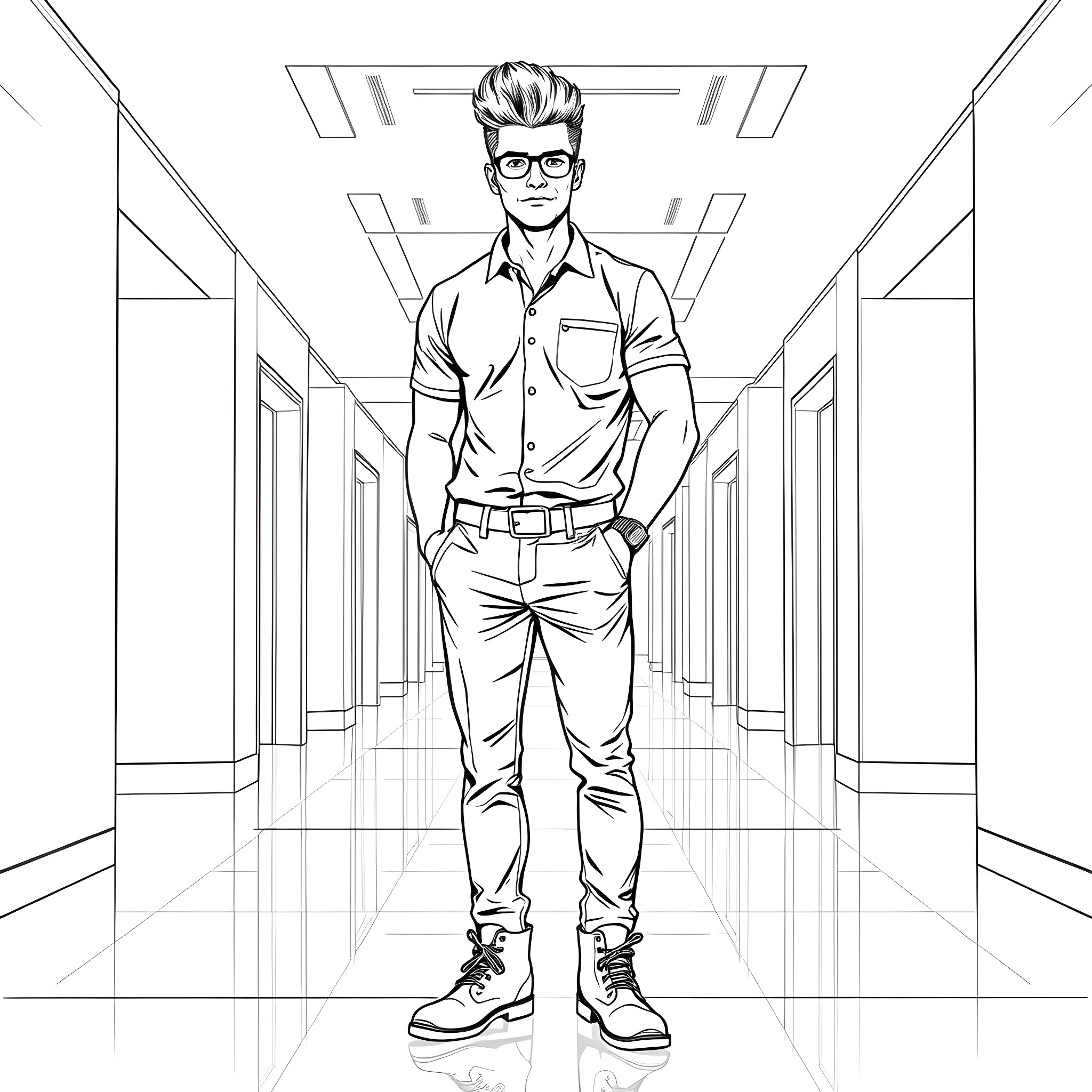 Man standing confidently in hallway Coloring Page (free black-and-white line drawing printable PDF for all, from beginners to advanced learners, including children, teens, adults, and seniors)