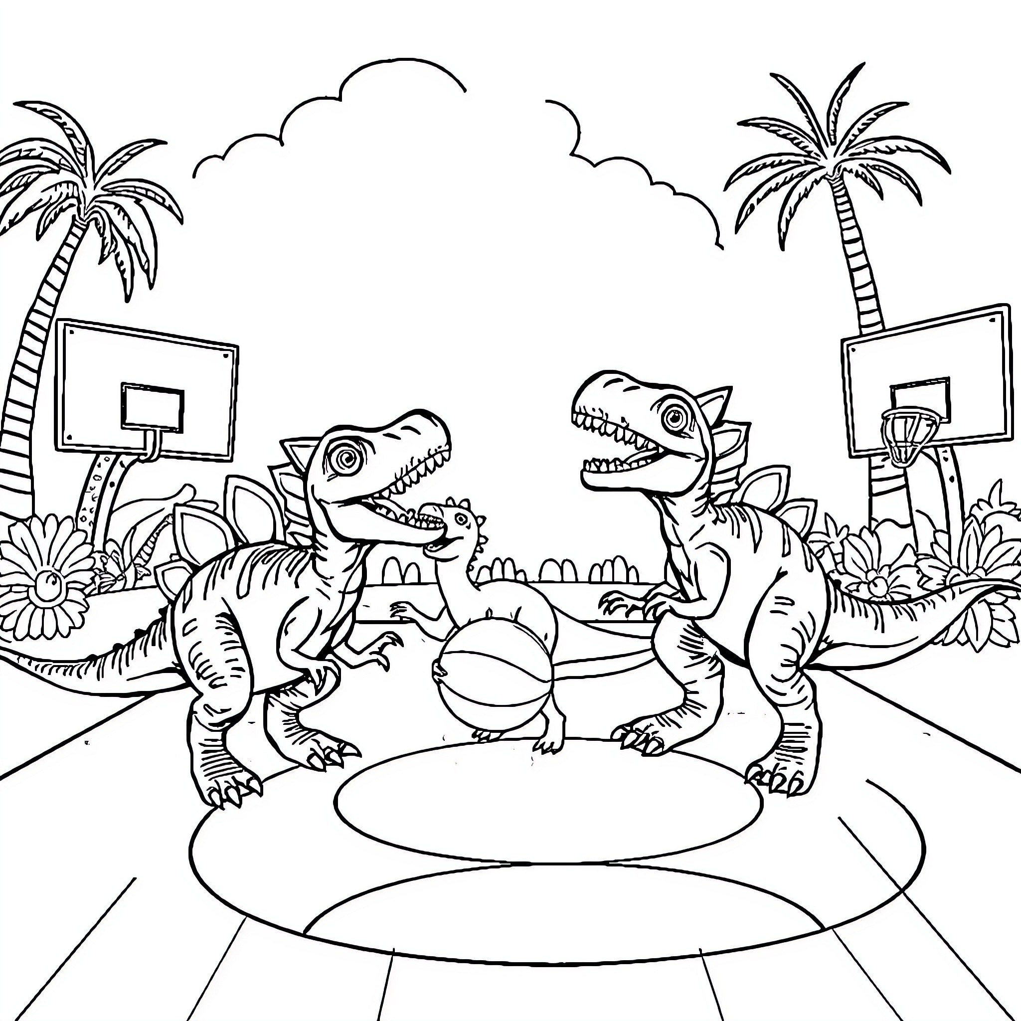 Dinosaurs playing basketball in a tropical setting Coloring Page (free black-and-white line drawing printable PDF for all, from beginners to advanced learners, including children, teens, adults, and seniors)